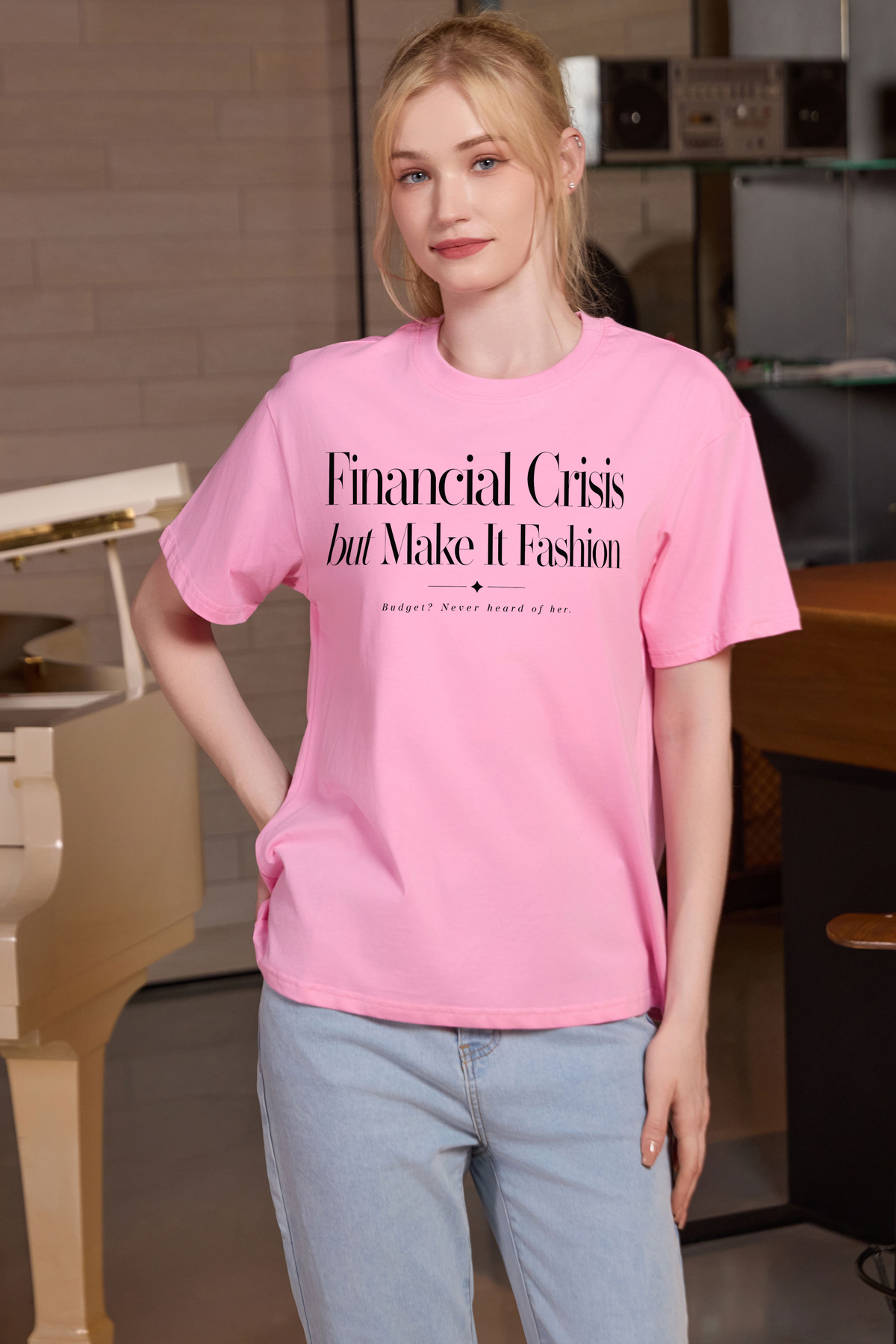 M001-F018 LIGHT-PINK F1 — Financial Crisis 2 graphic on M001 light pink garment