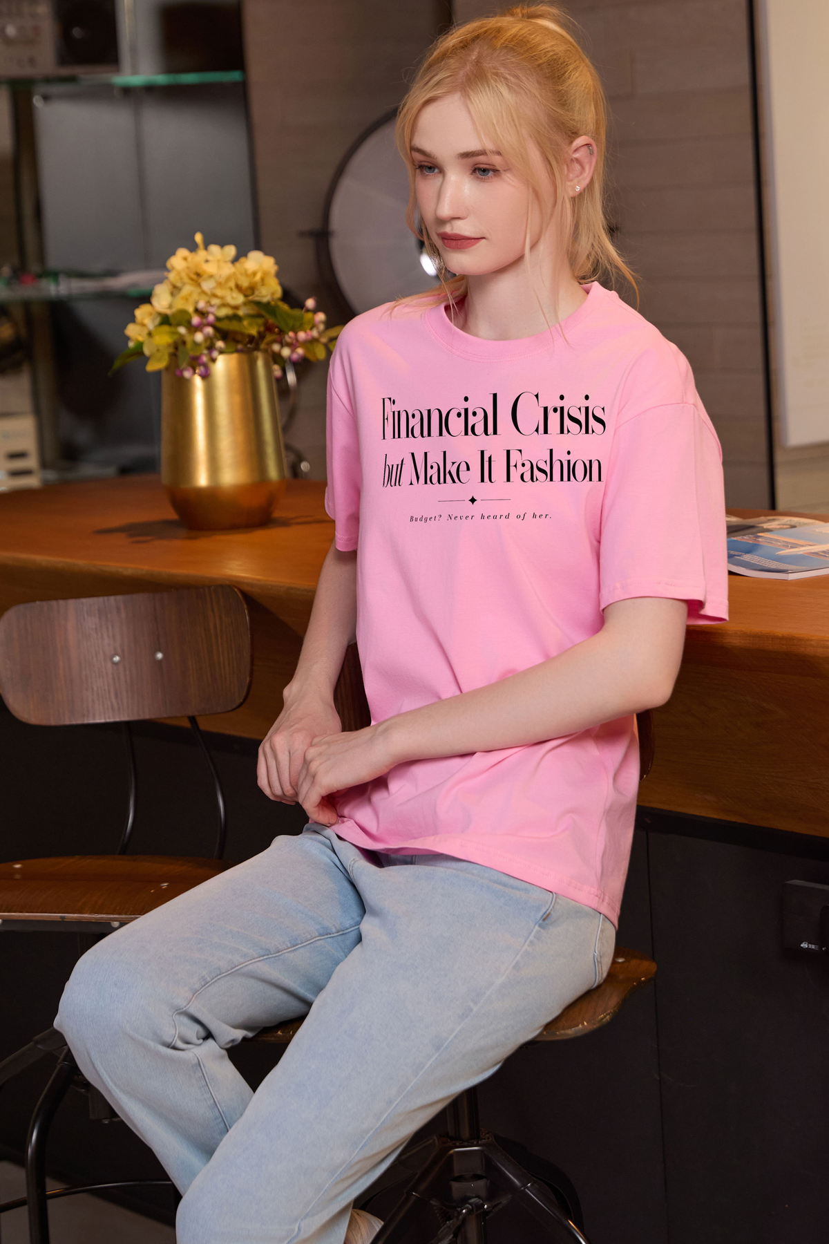 M001-F018 LIGHT-PINK F3 — Financial Crisis 2 graphic on M001 light pink garment