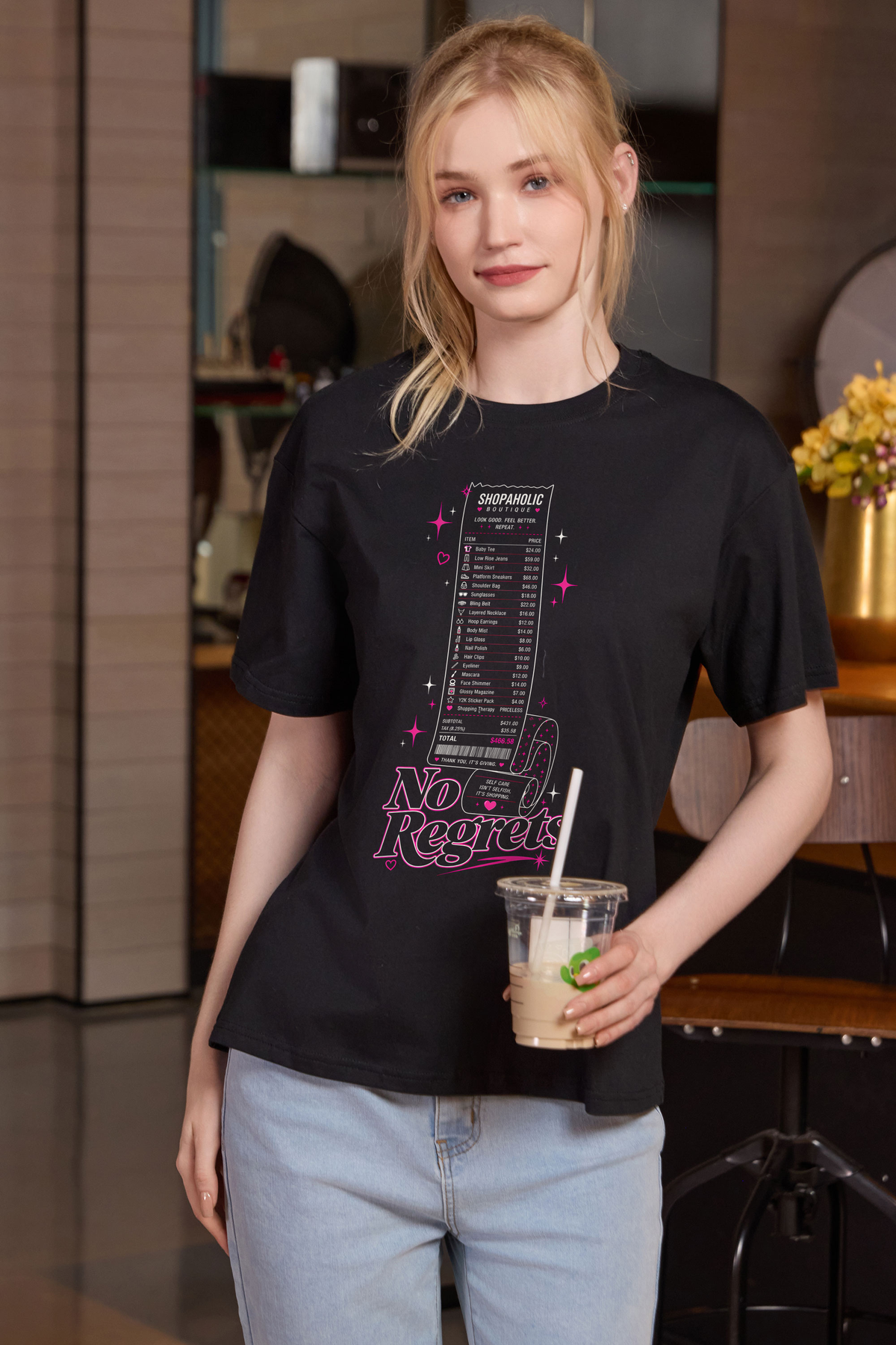 M001-F019 BLACK F1 — No regrets graphic on M001 black garment