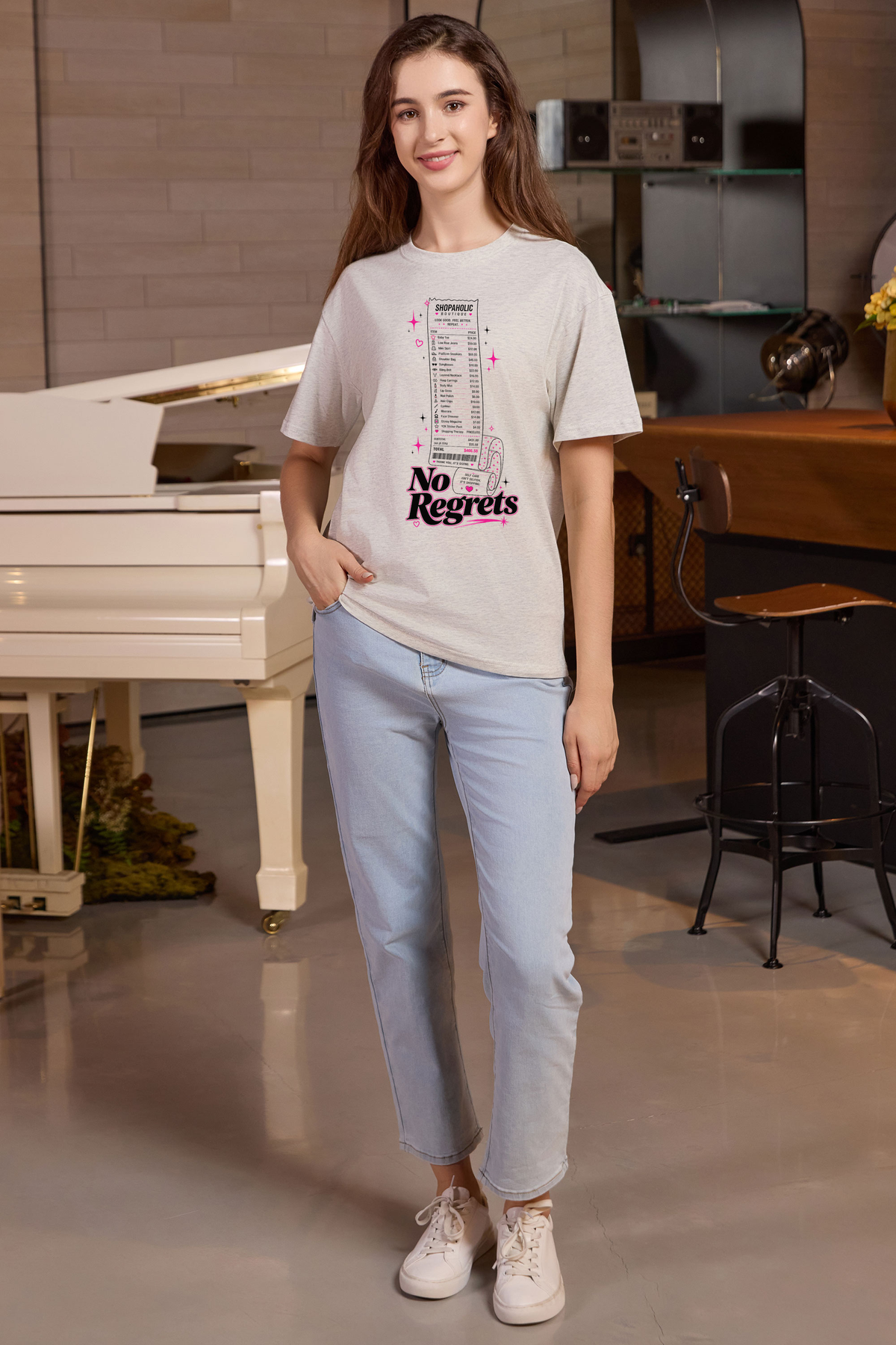 M001-F019 HEATHER-GREY A1 — No regrets graphic on M001 heather grey garment