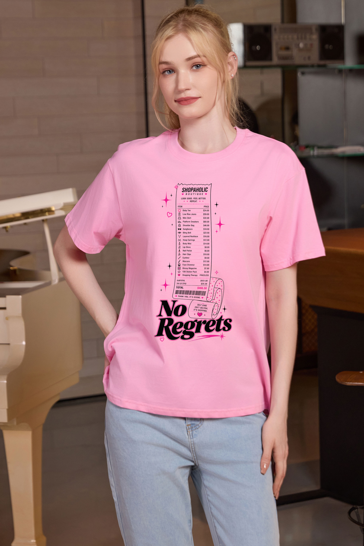 M001-F019 LIGHT-PINK F1 — No regrets graphic on M001 light pink garment