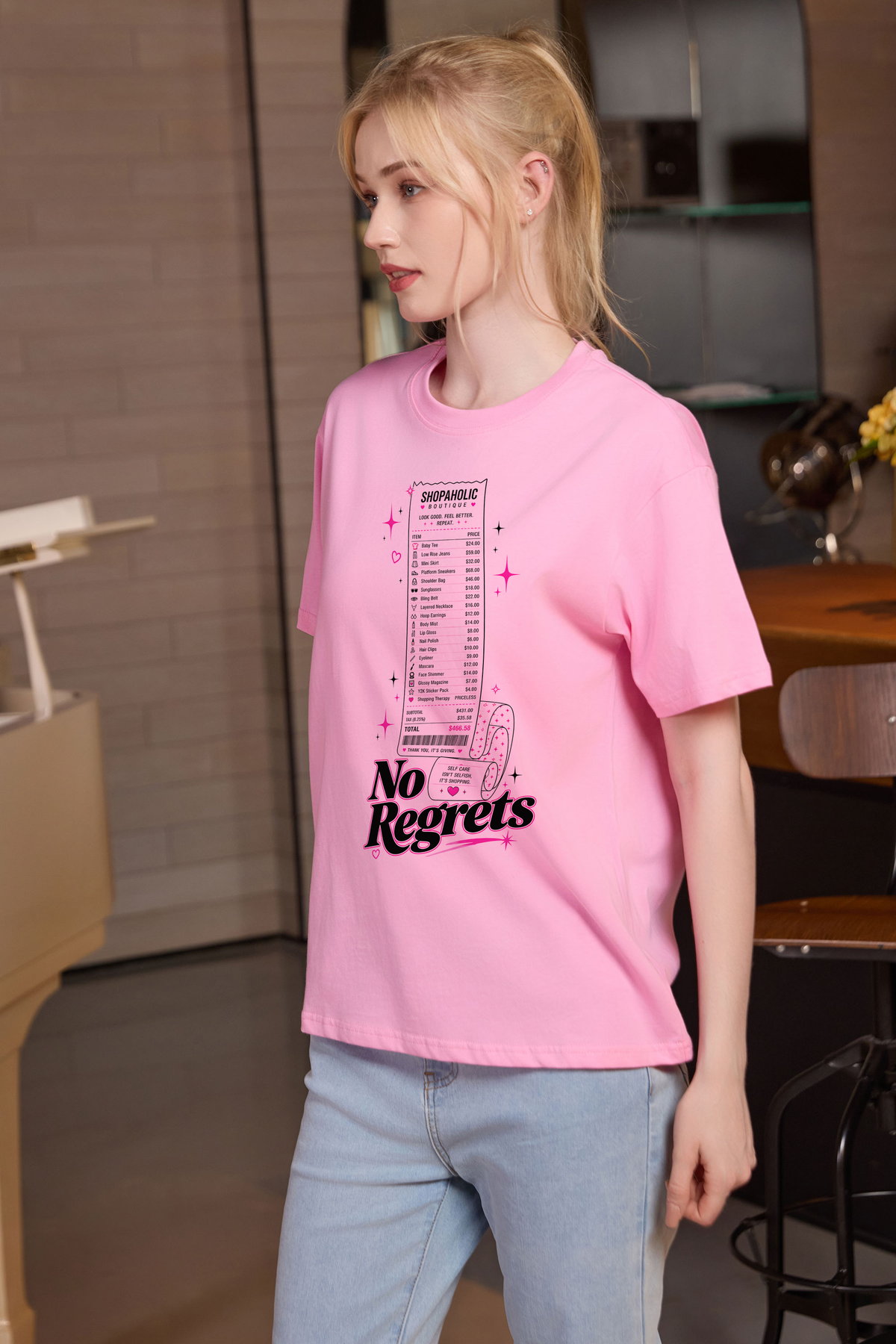 M001-F019 LIGHT-PINK F2 — No regrets graphic on M001 light pink garment