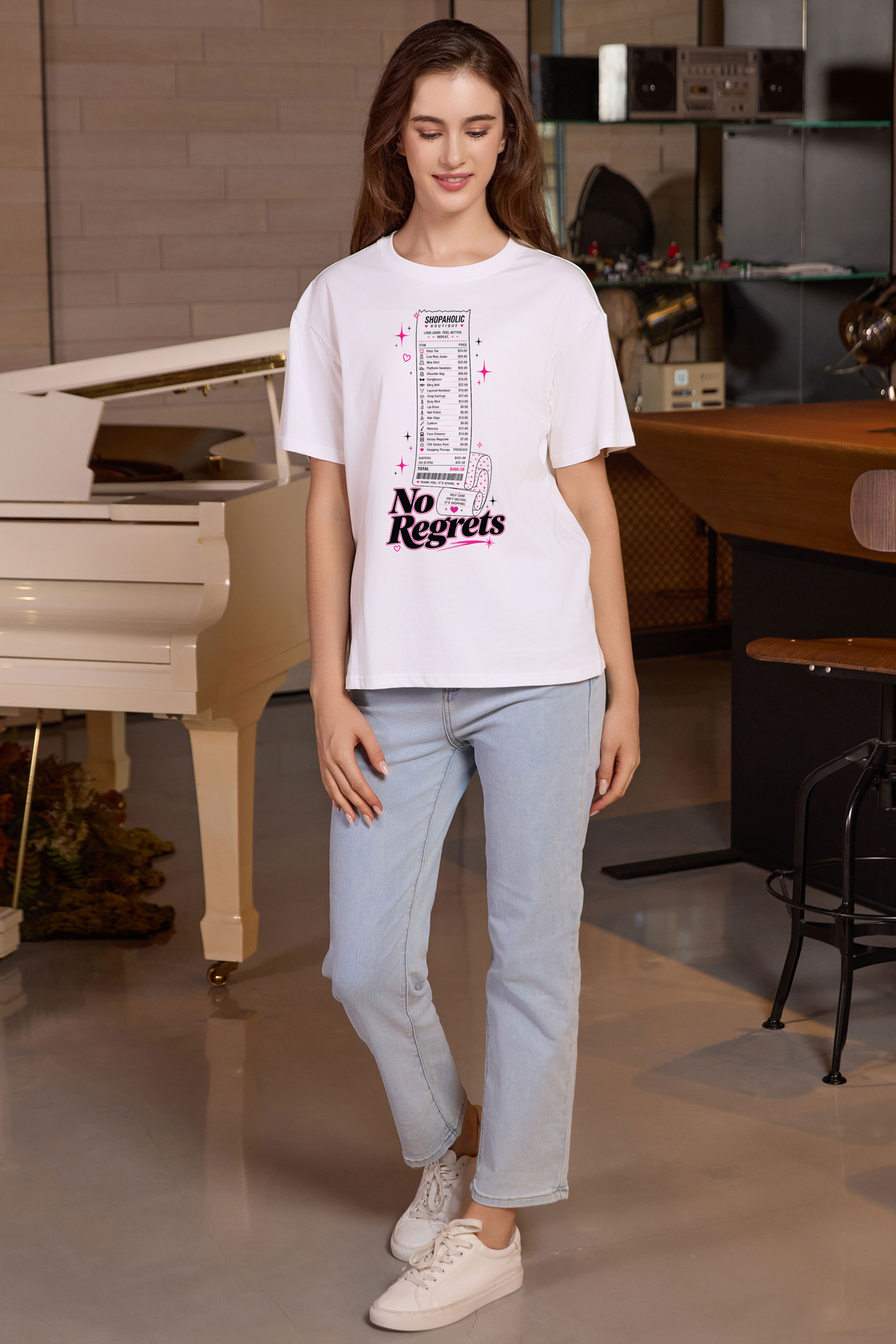 M001-F019 WHITE A1 — No regrets graphic on M001 white garment