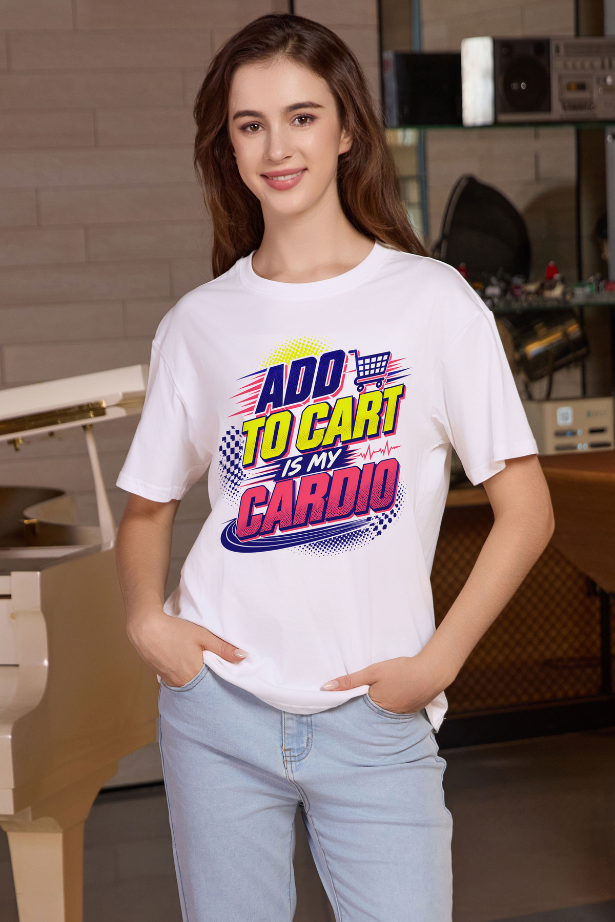 M001-F020 WHITE F1 — Add to cart graphic on M001 white garment