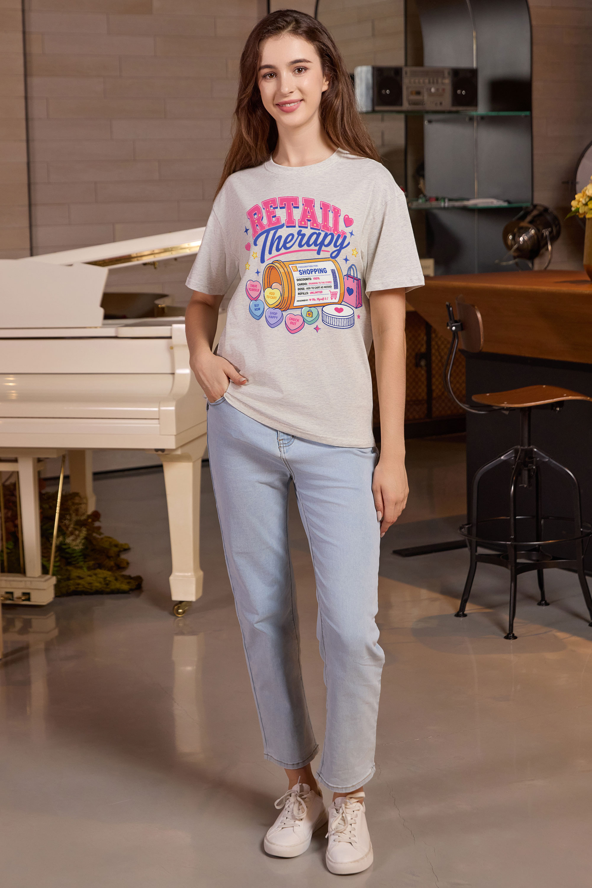 M001-F021 HEATHER-GREY A1 — Retail Therapy graphic on M001 heather grey garment