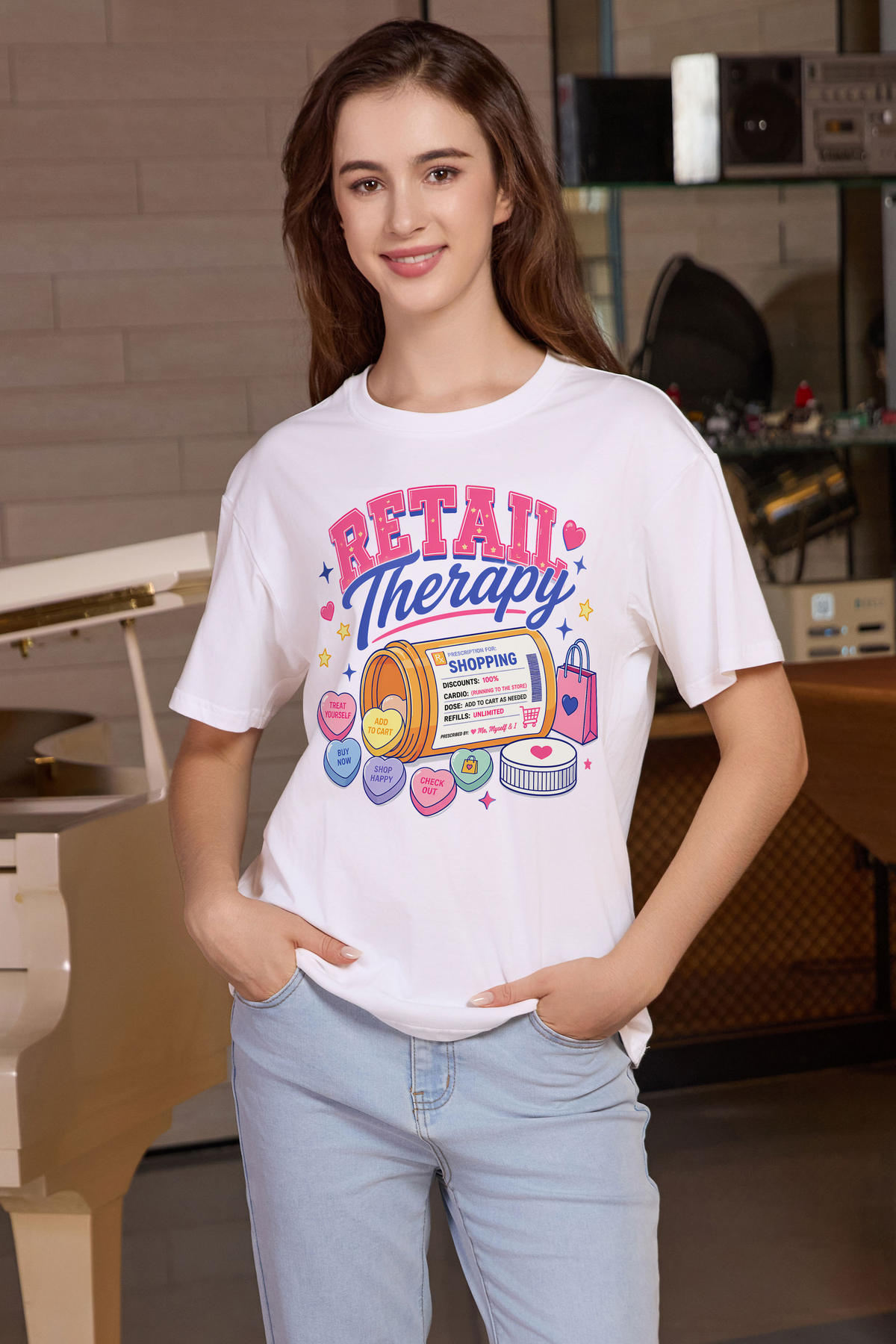 M001-F021 WHITE F1 — Retail Therapy graphic on M001 white garment