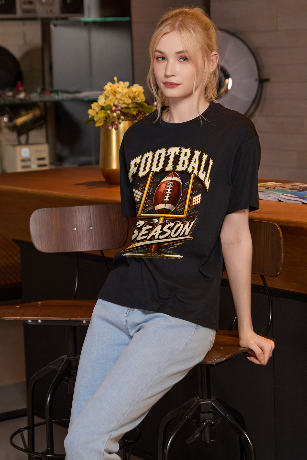 M001-G013 BLACK F2 β Football Goalpost graphic on M001 black garment