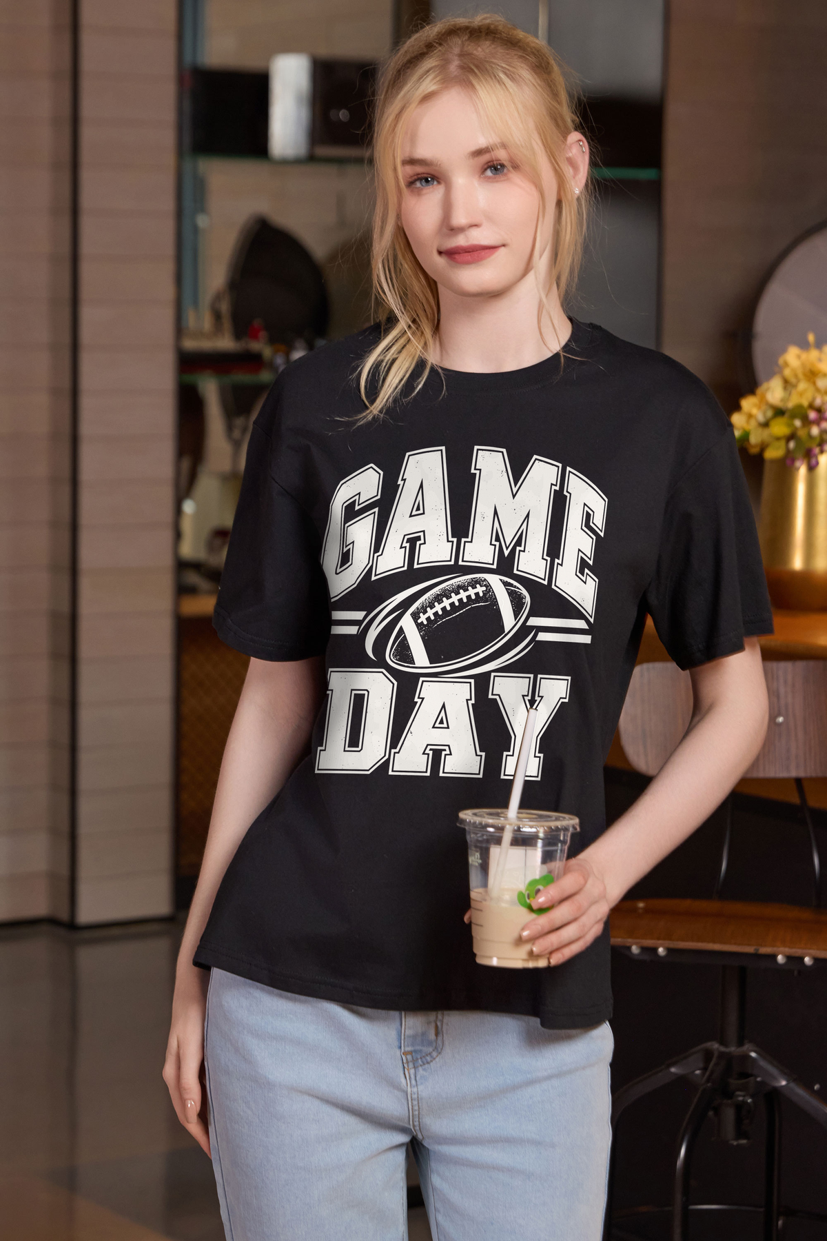 M001-G015 BLACK F1 — Game Day Simple graphic on M001 black garment