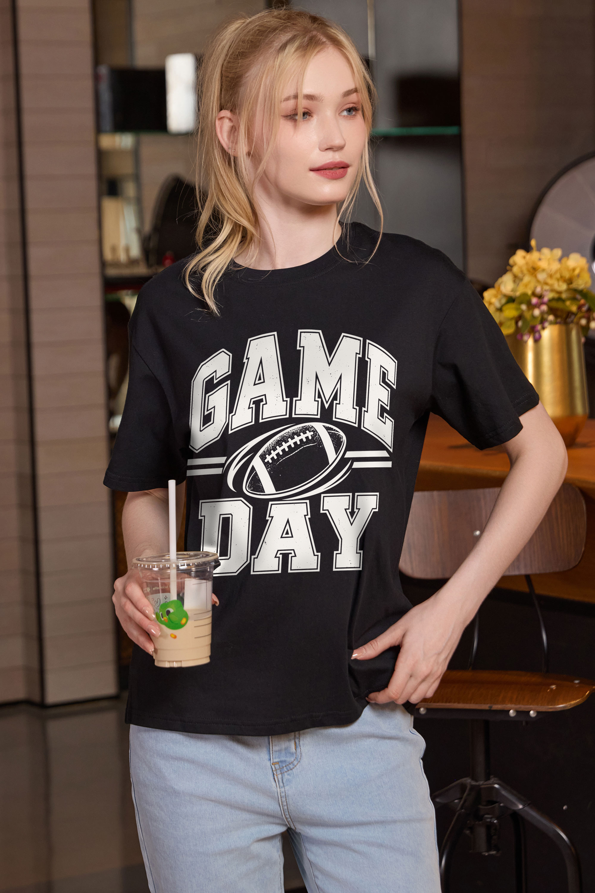 M001-G015 BLACK F3 — Game Day Simple graphic on M001 black garment