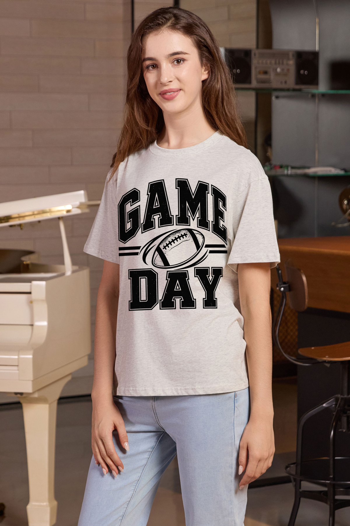 M001-G015 HEATHER-GREY F2 — Game Day Simple graphic on M001 heather grey garment