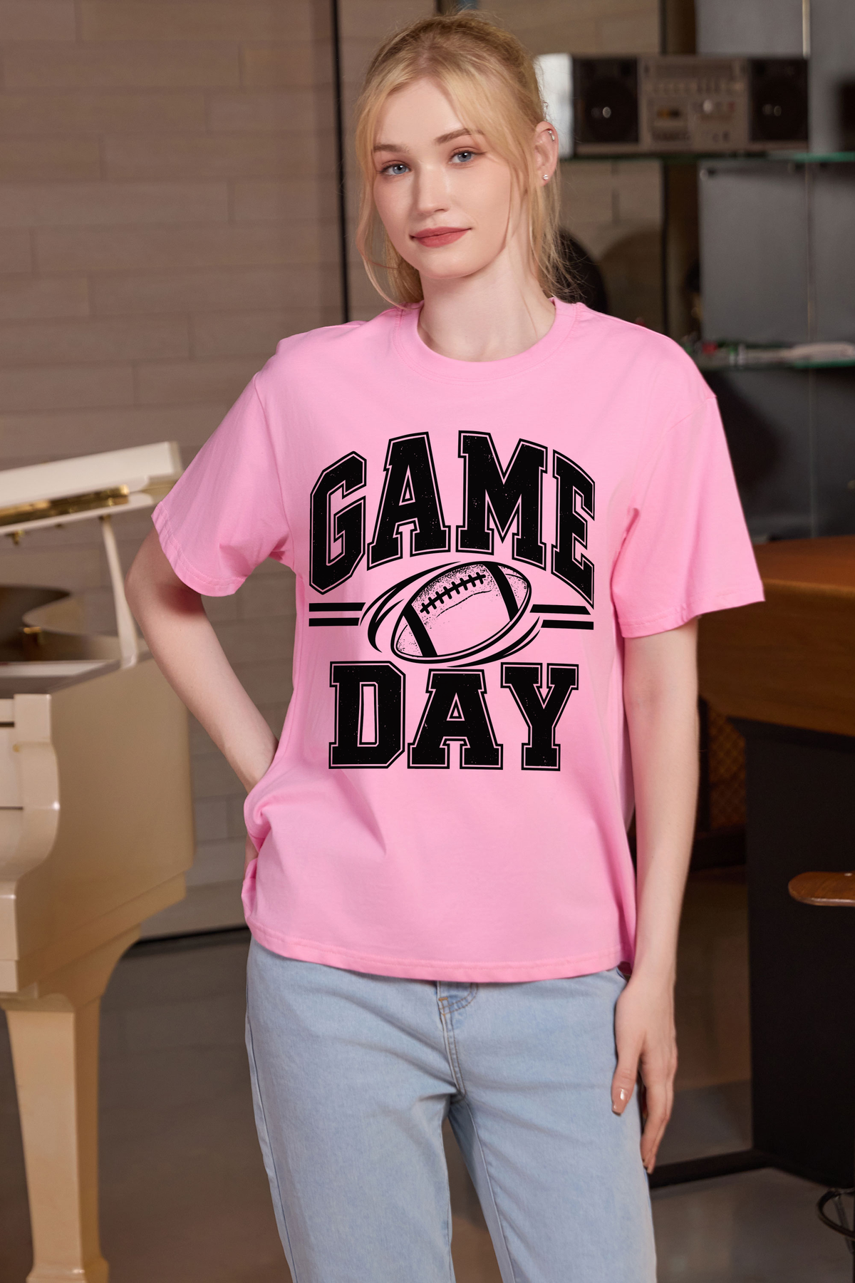 M001-G015 LIGHT-PINK F1 — Game Day Simple graphic on M001 light pink garment
