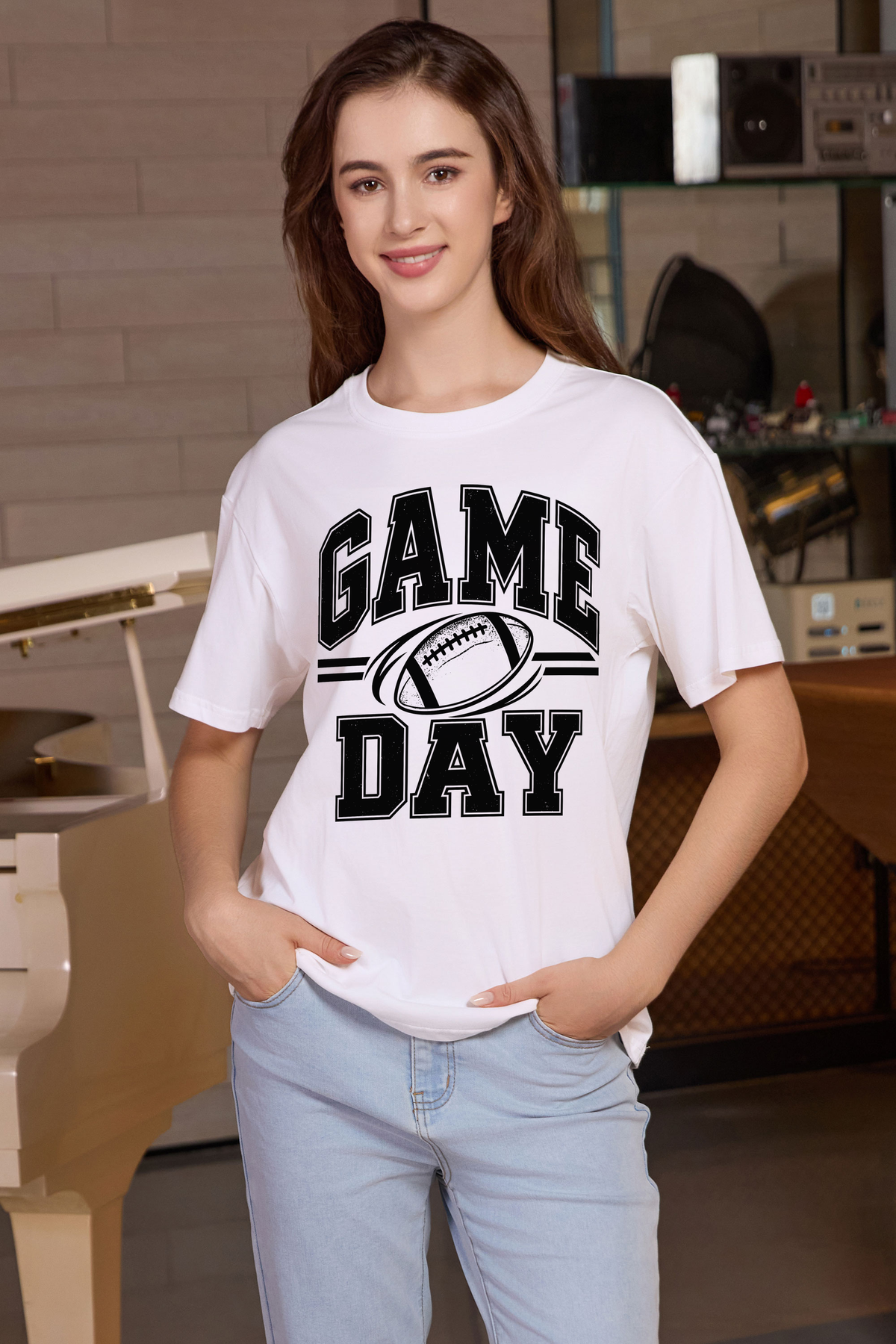 M001-G015 WHITE F1 — Game Day Simple graphic on M001 white garment