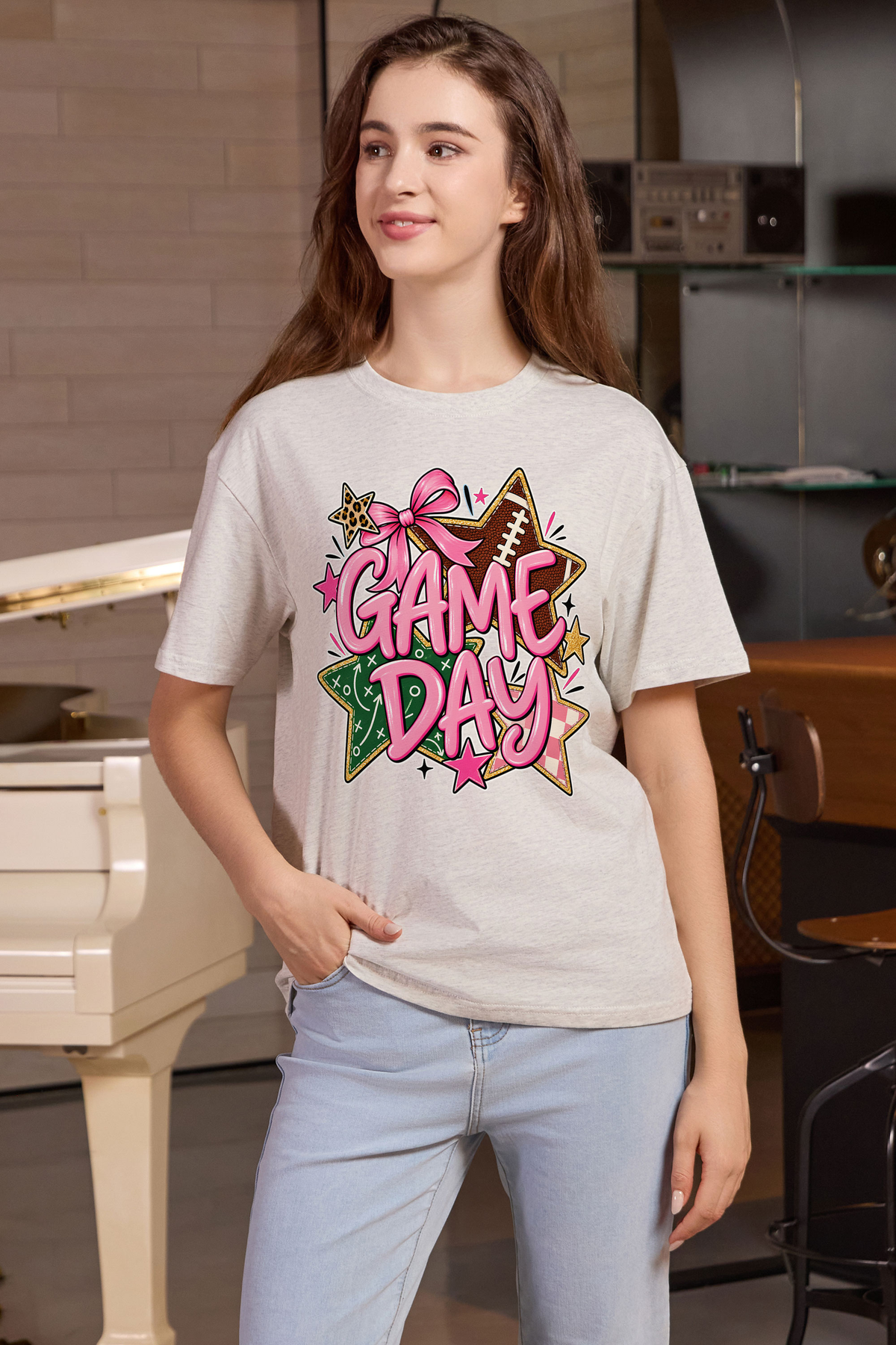 M001-G016 HEATHER-GREY F1 β Game Day Stars graphic on M001 heather grey garment