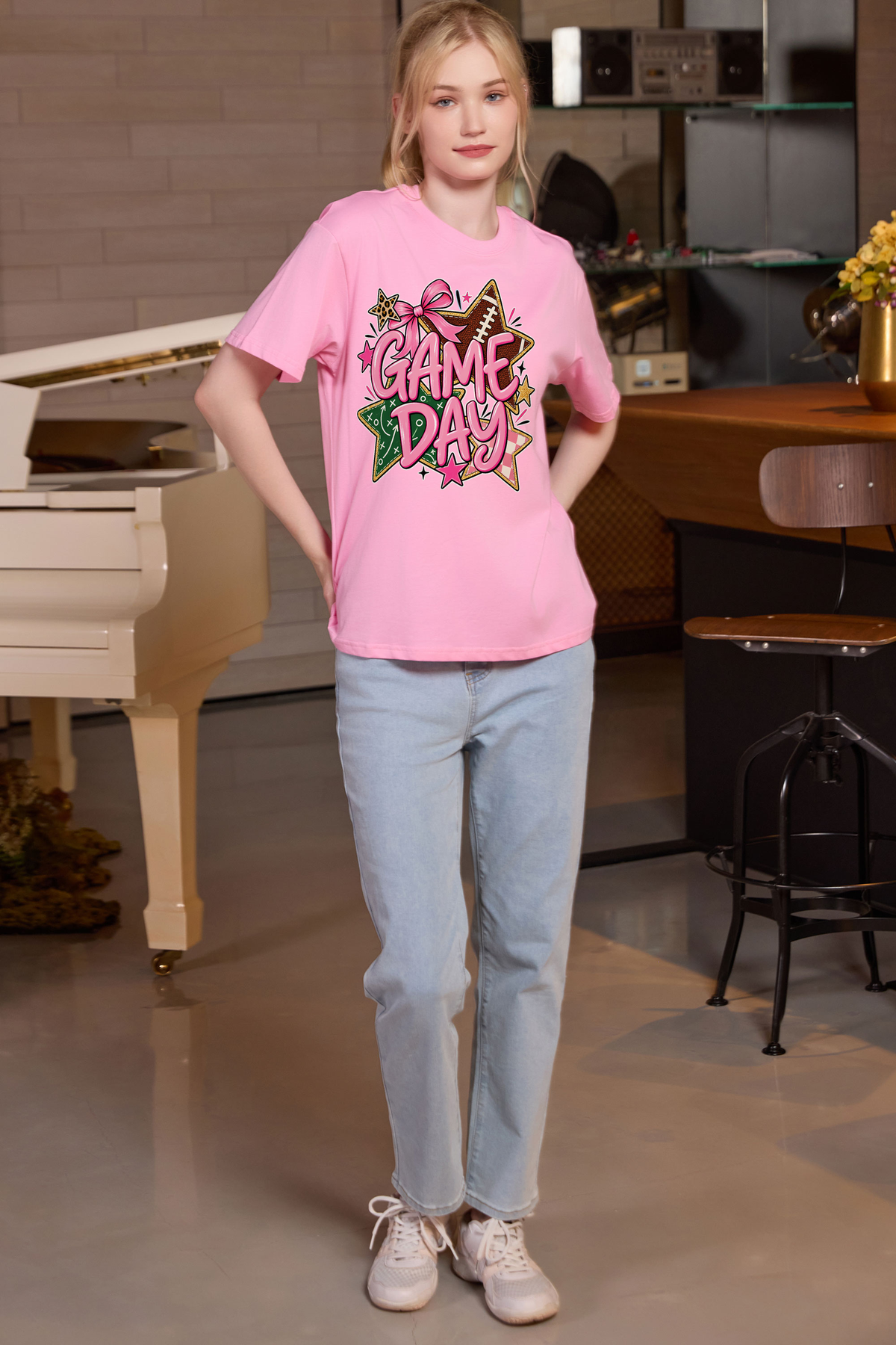 M001-G016 LIGHT-PINK A1 β Game Day Stars graphic on M001 light pink garment