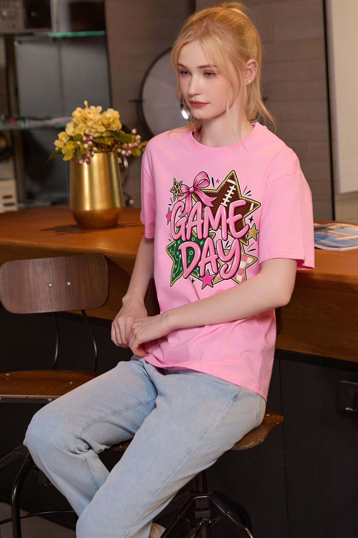 M001-G016 LIGHT-PINK F3 β Game Day Stars graphic on M001 light pink garment