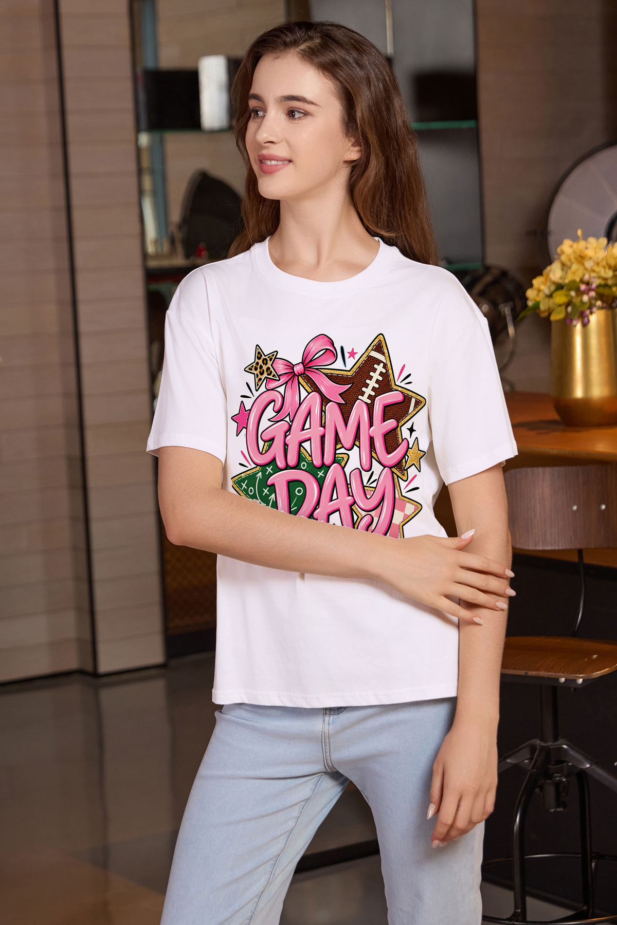M001-G016 WHITE F2 β Game Day Stars graphic on M001 white garment