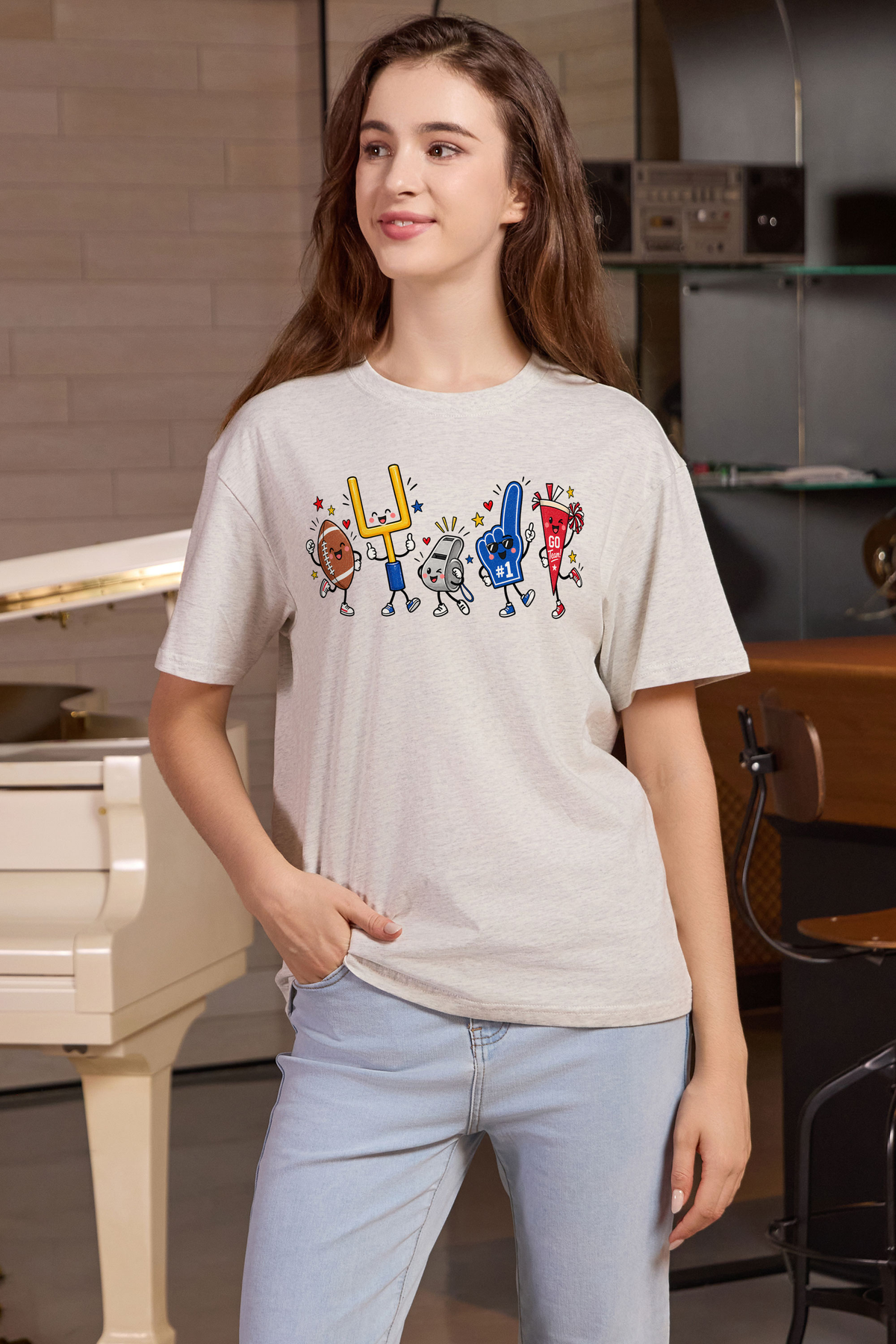 M001-G019 HEATHER-GREY F1 — Game Day Characters 2 graphic on M001 heather grey garment
