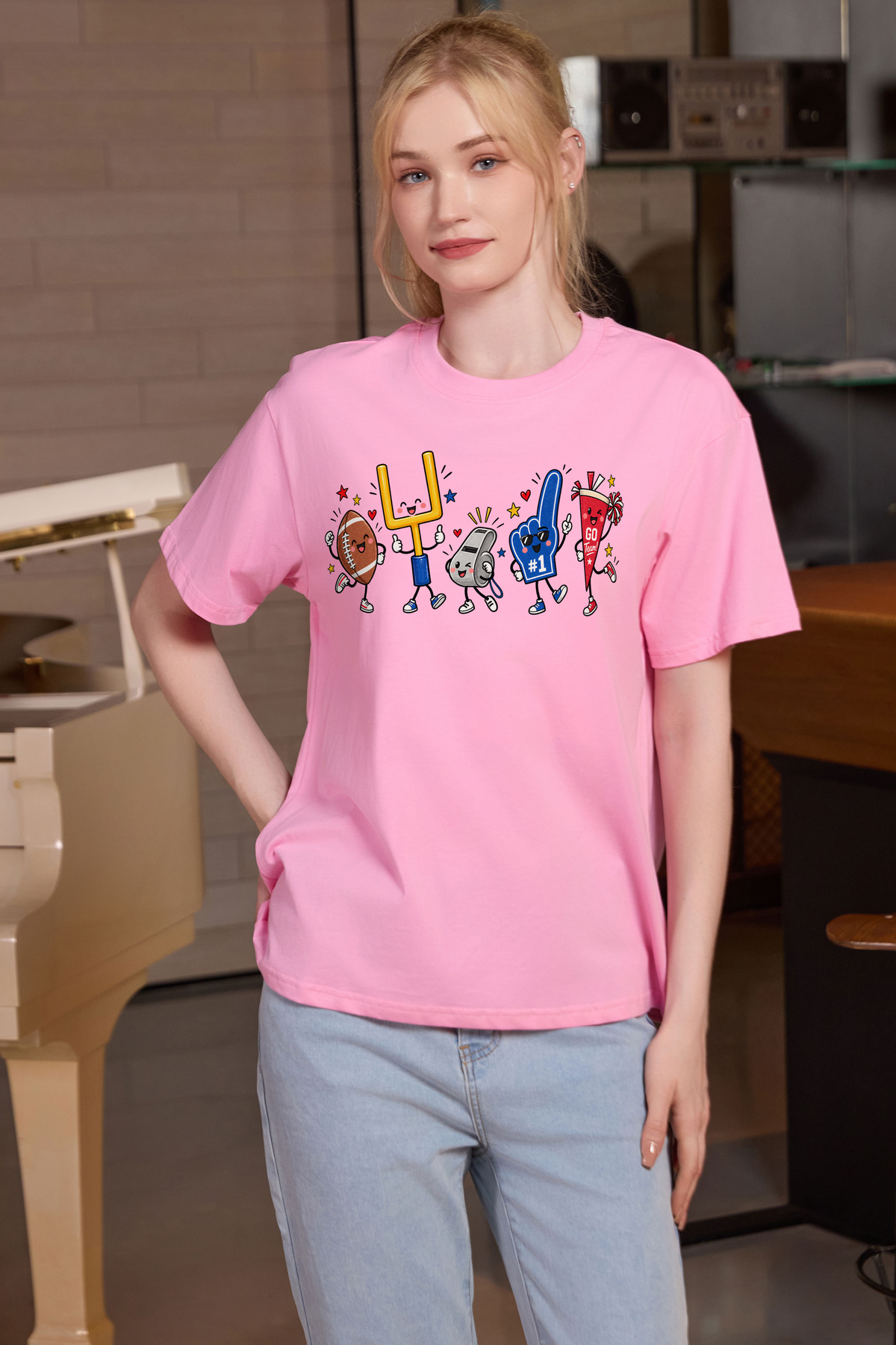 M001-G019 LIGHT-PINK F1 — Game Day Characters 2 graphic on M001 light pink garment