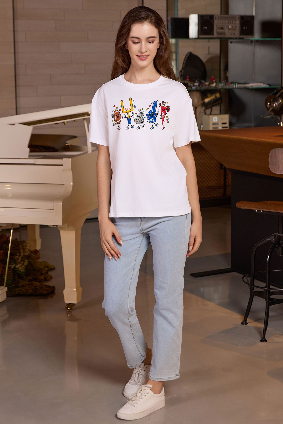 M001-G019 WHITE A1 — Game Day Characters 2 graphic on M001 white garment