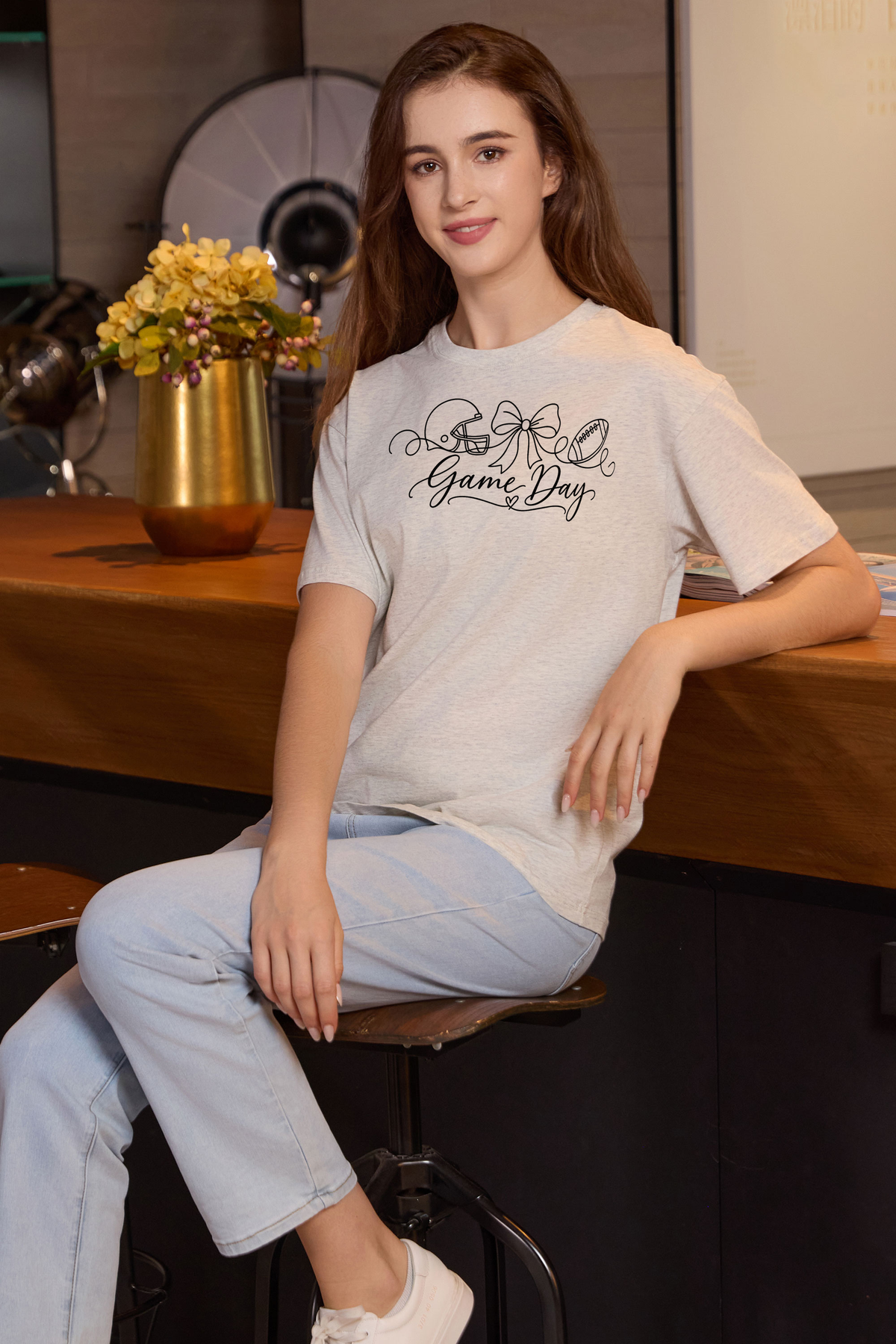 M001-G020 HEATHER-GREY F3 β Game Day String graphic on M001 heather grey garment