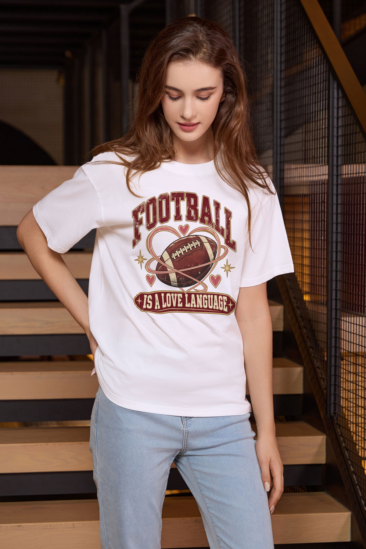 Football Is a Love Language Relaxed Tee in white, front graphic on model, view 1