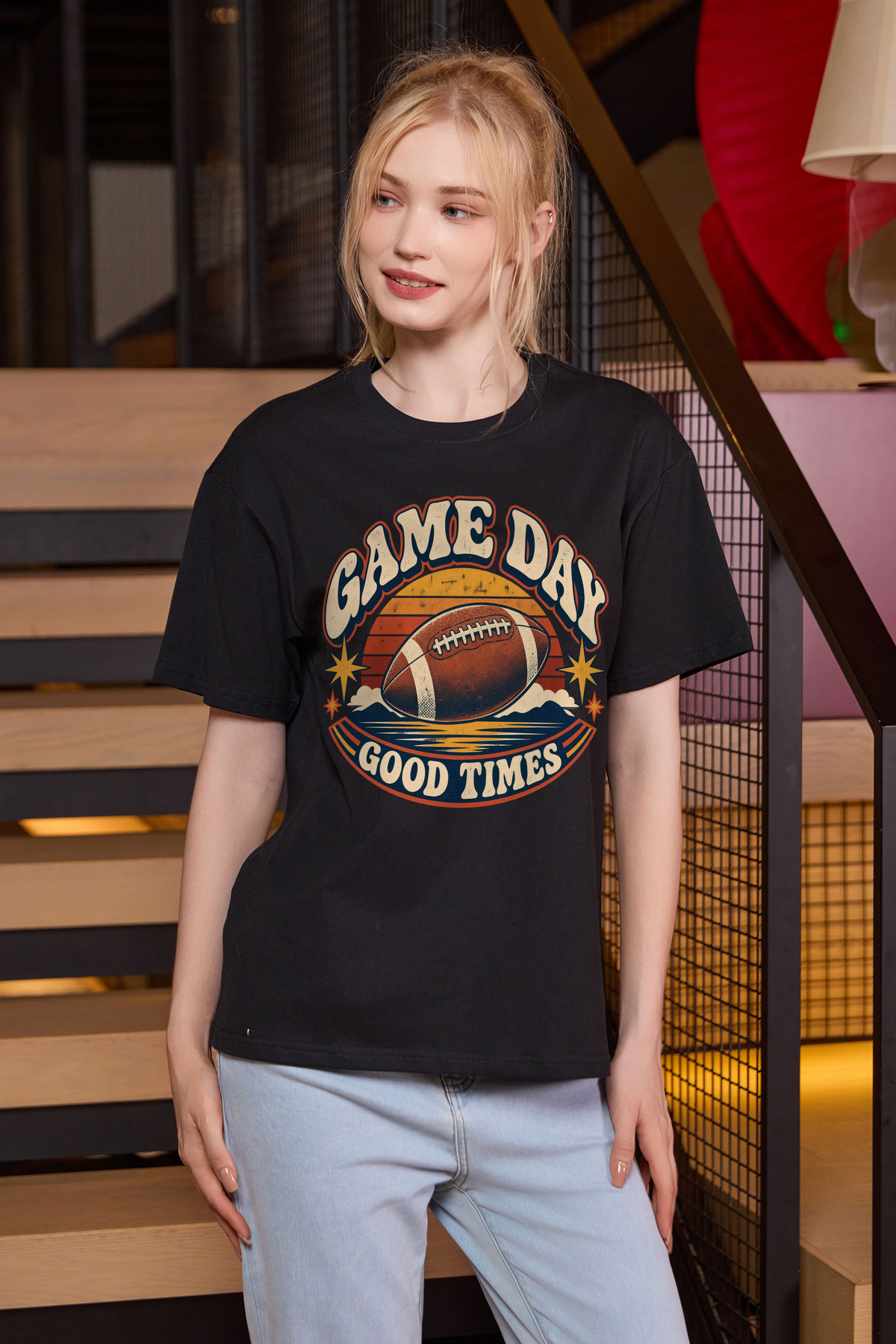 Game Day Good Times Relaxed Tee in black, front graphic on model, view 1