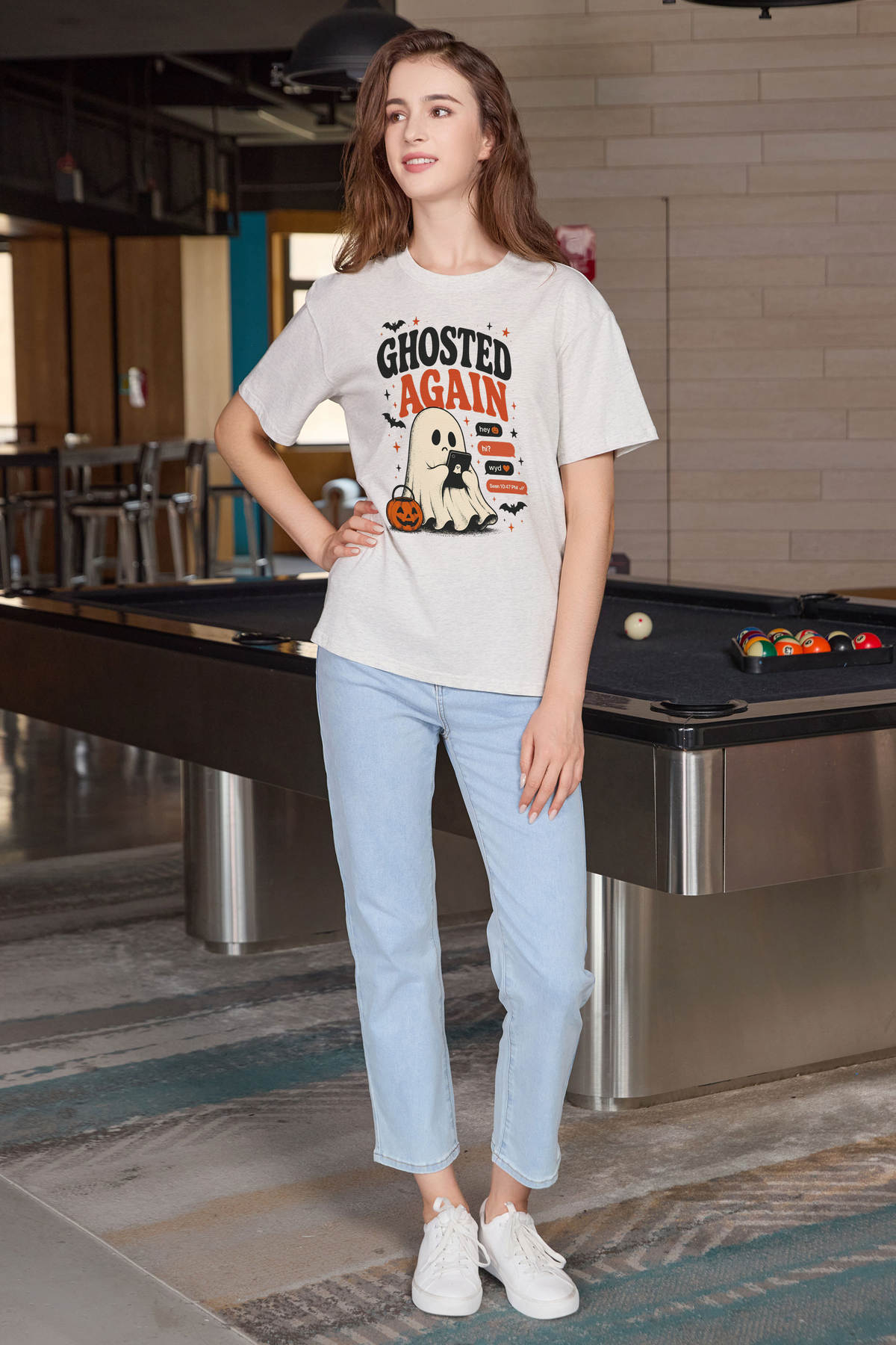 Moshita Ghosted Again relaxed tee in heather grey — graphic front view 3