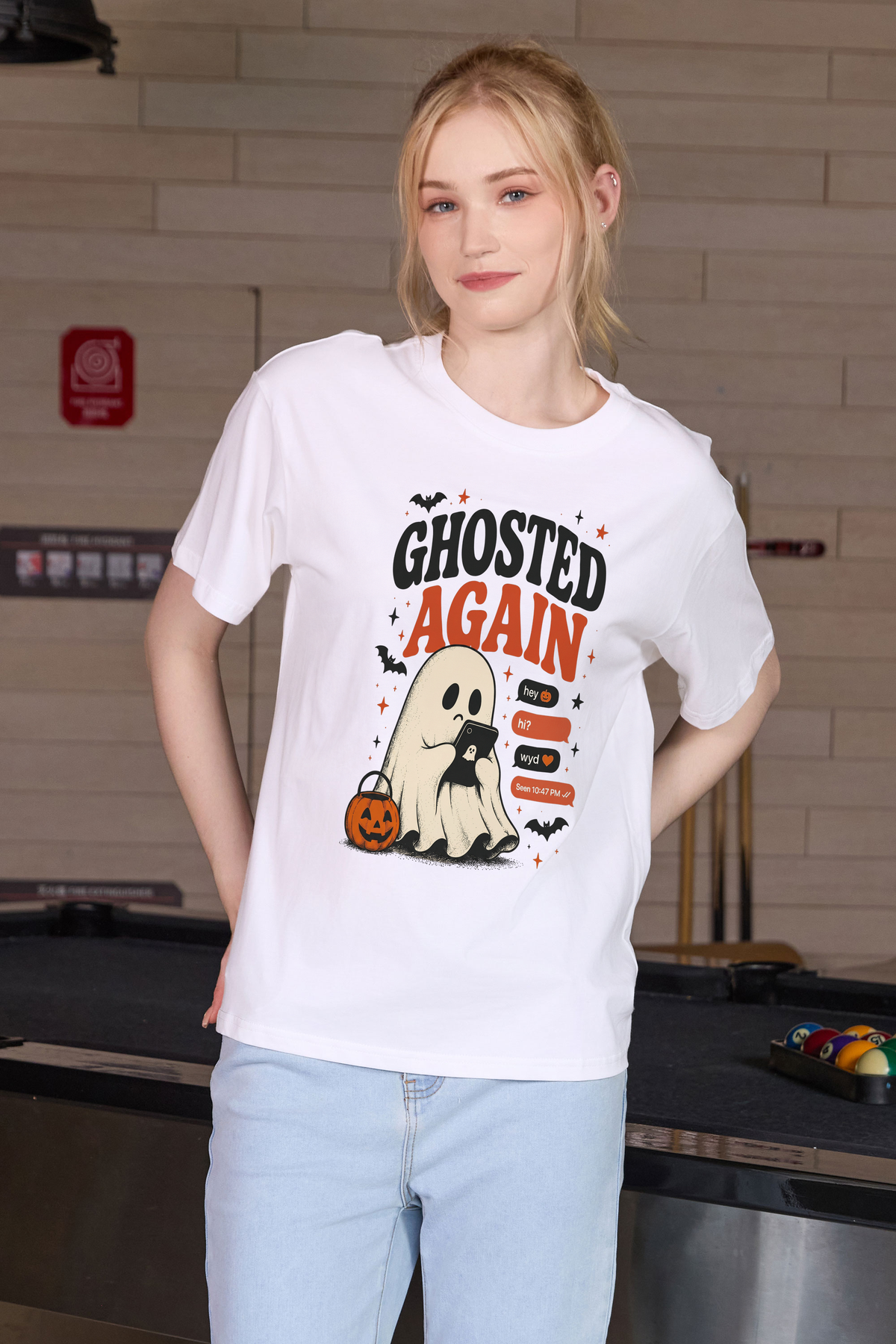 Moshita Ghosted Again relaxed tee in white — graphic front view 2