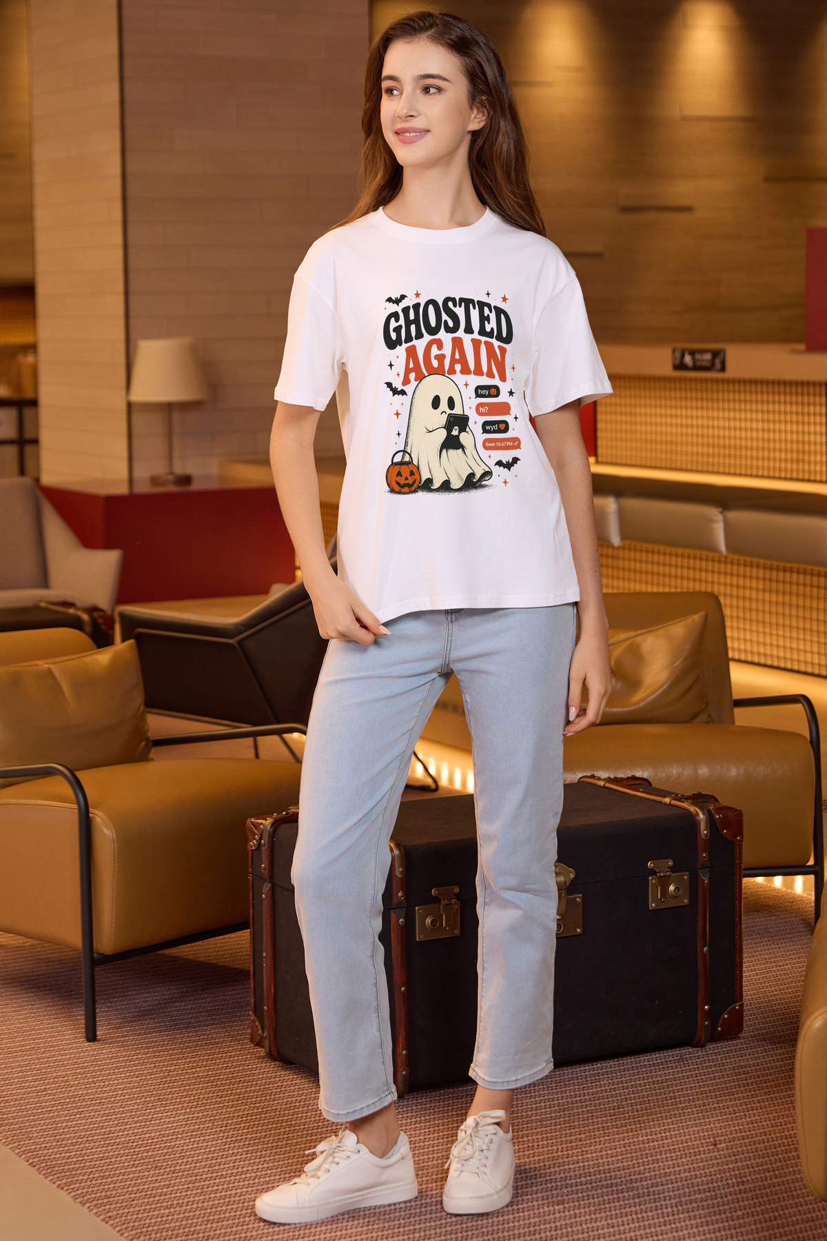 Moshita Ghosted Again relaxed tee in white — graphic front view 3