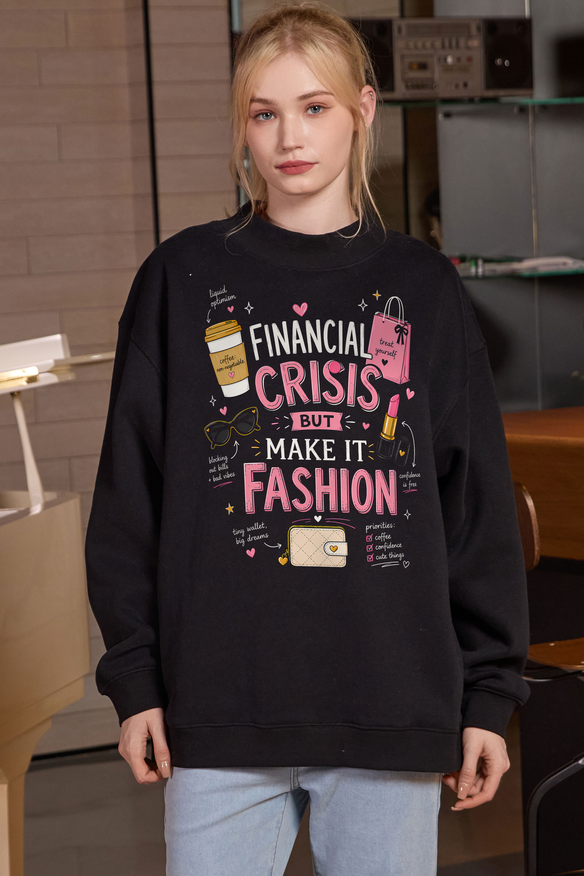 M004-F017 BLACK F1 — Financial Crisis 1 graphic on M004 black garment