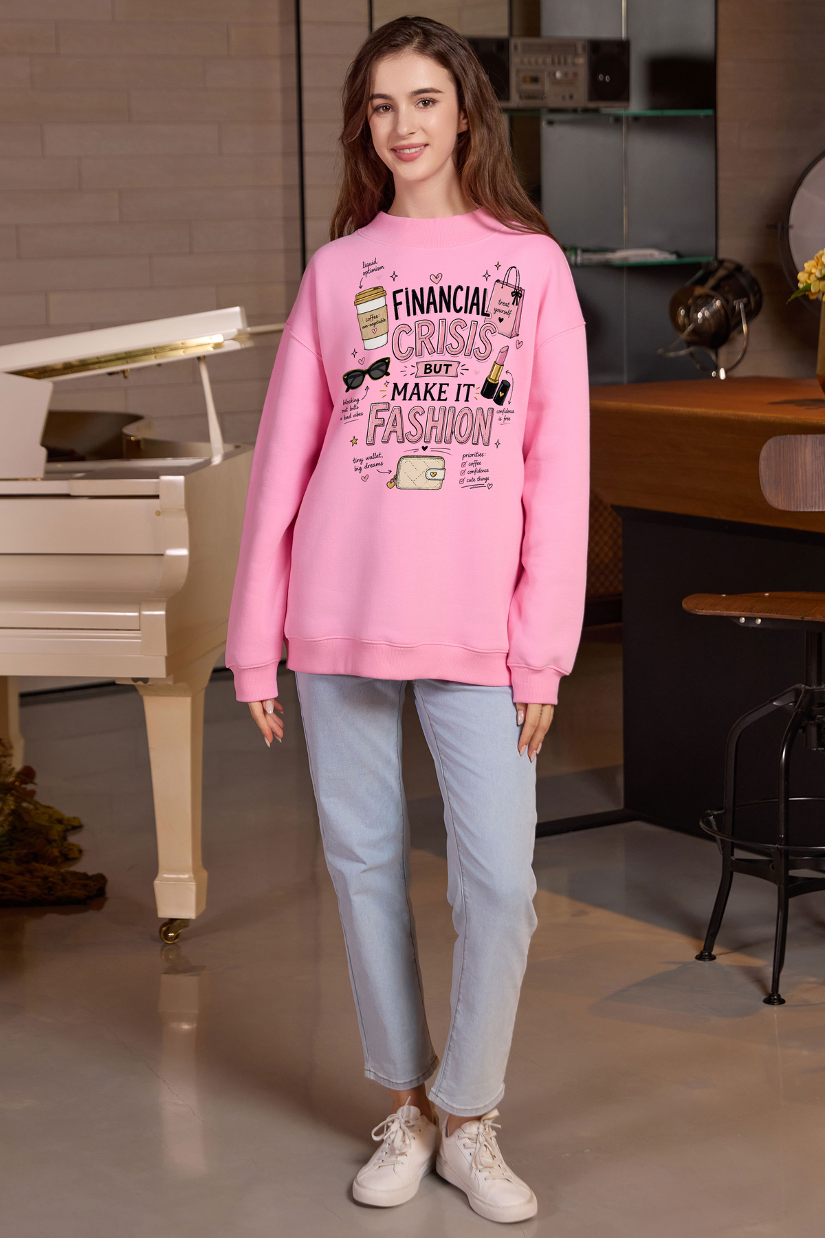 M004-F017 LIGHT-PINK A1 — Financial Crisis 1 graphic on M004 light pink garment