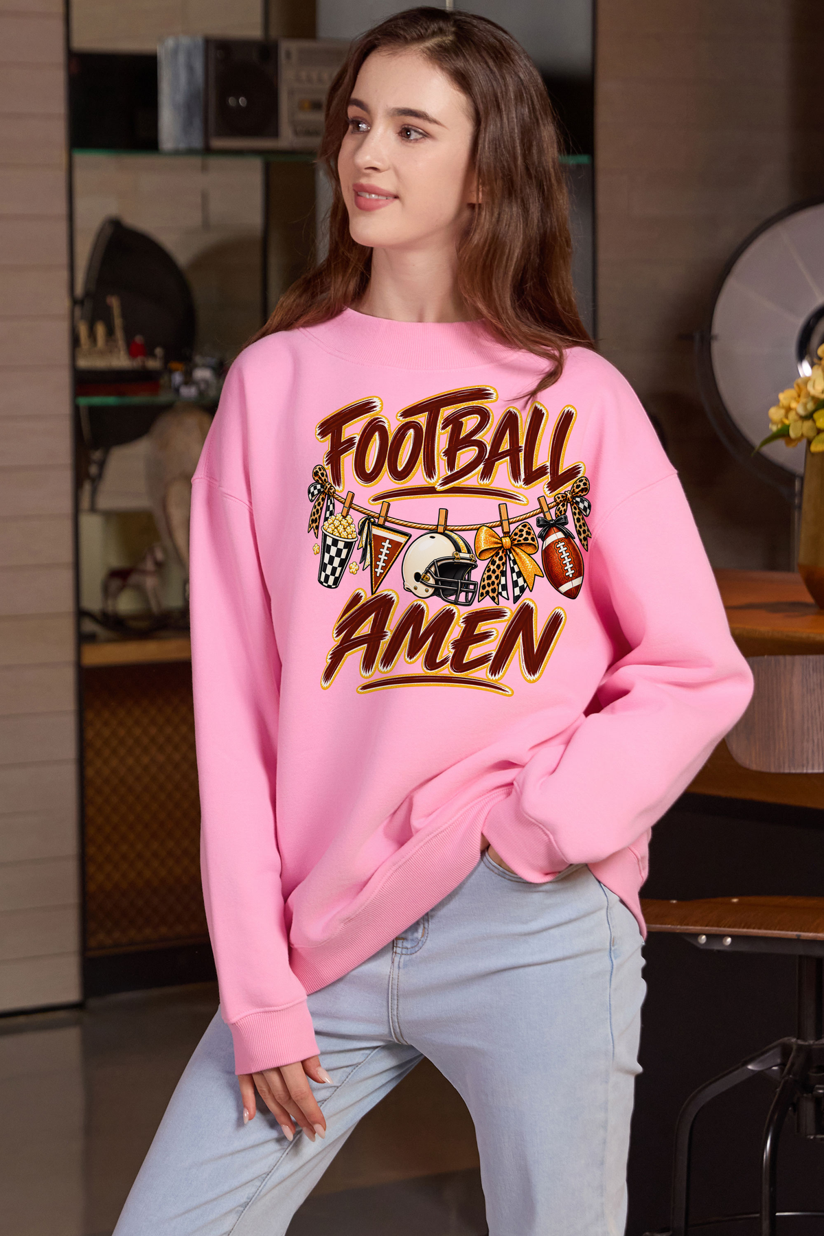 M004-G014 LIGHT-PINK F2 β Football Laundry graphic on M004 light pink garment