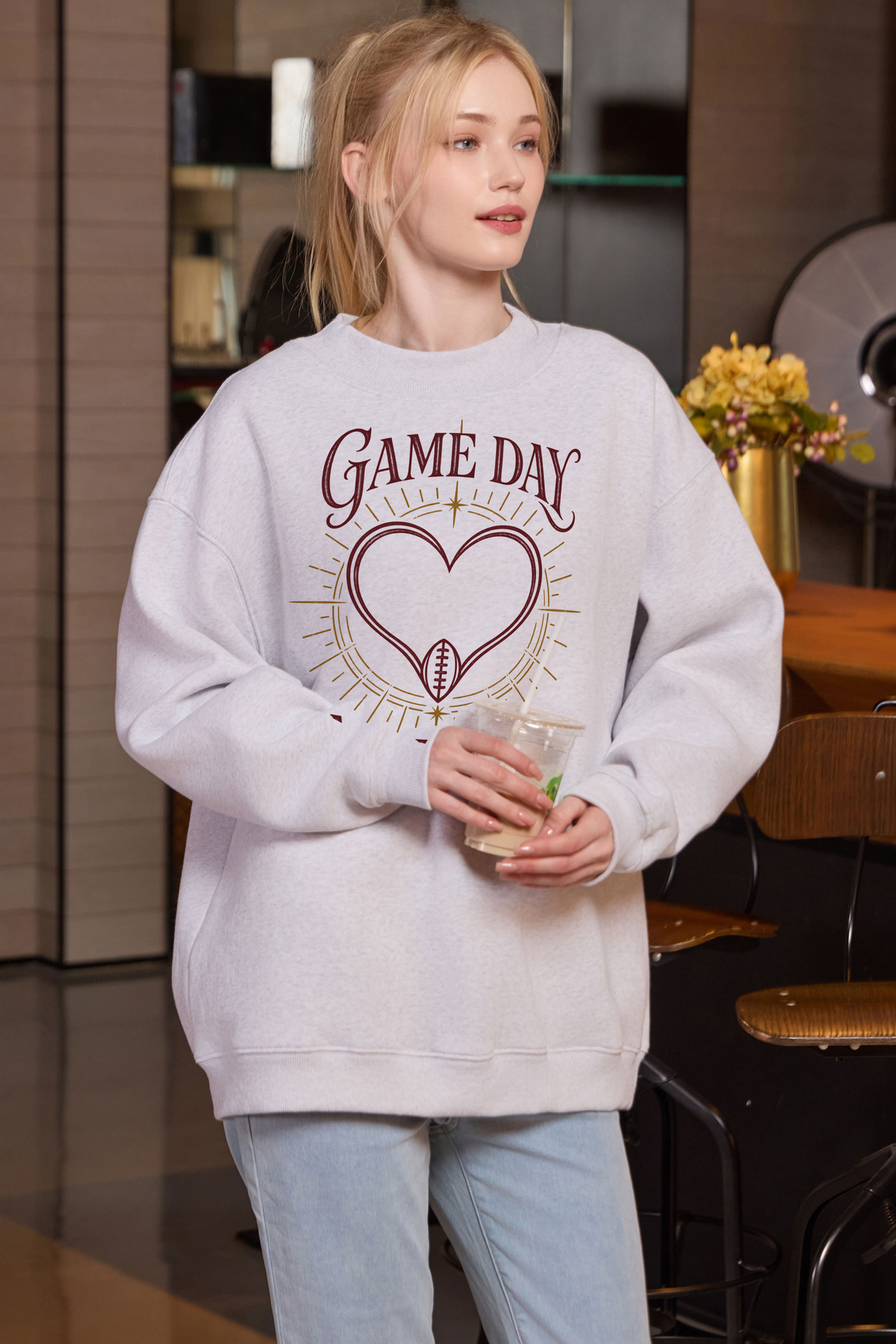All Heart Game Day Mockneck Sweatshirt in heather grey, front graphic on model, view 3