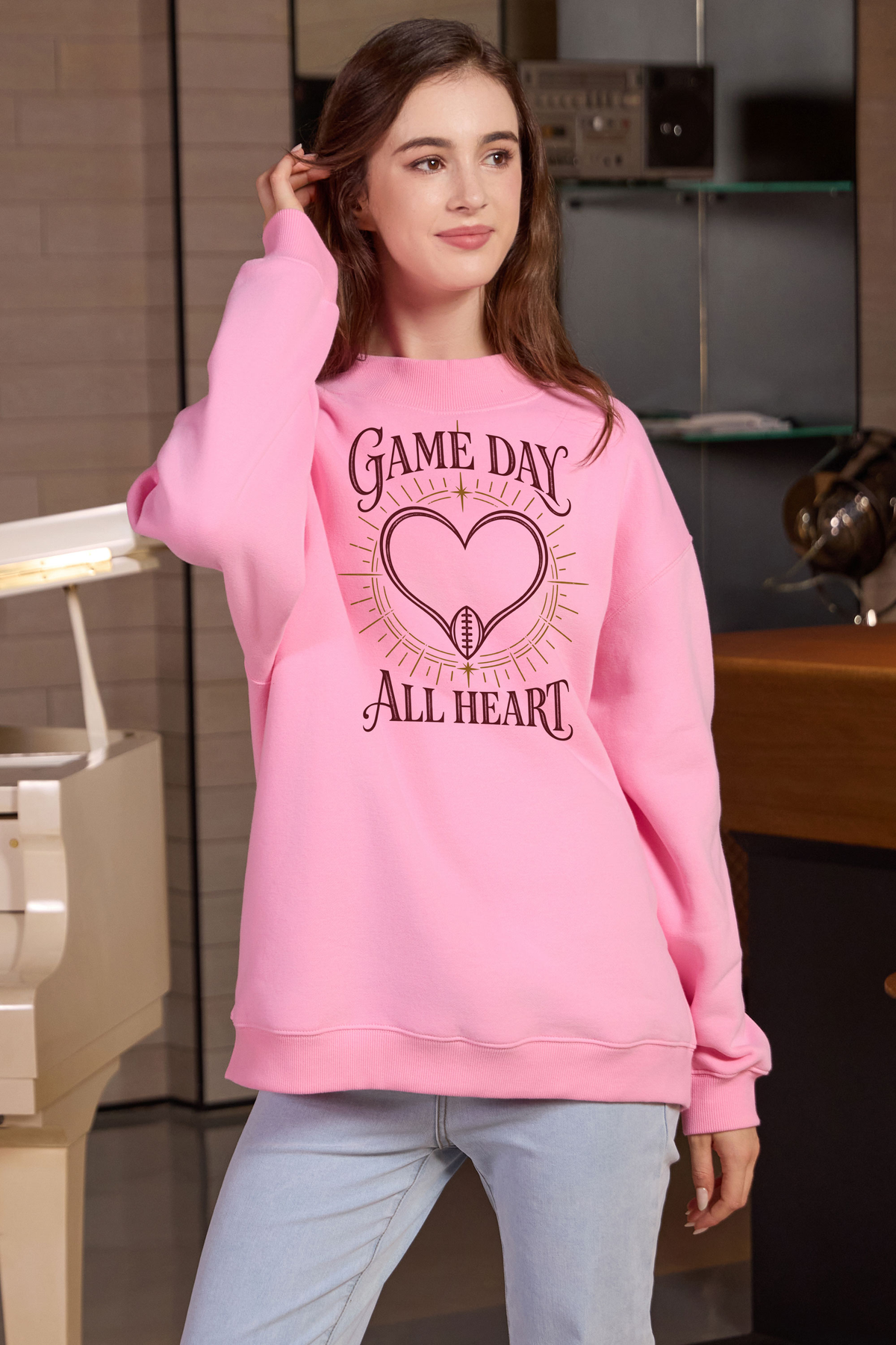 All Heart Game Day Mockneck Sweatshirt in light pink, front graphic on model, view 2