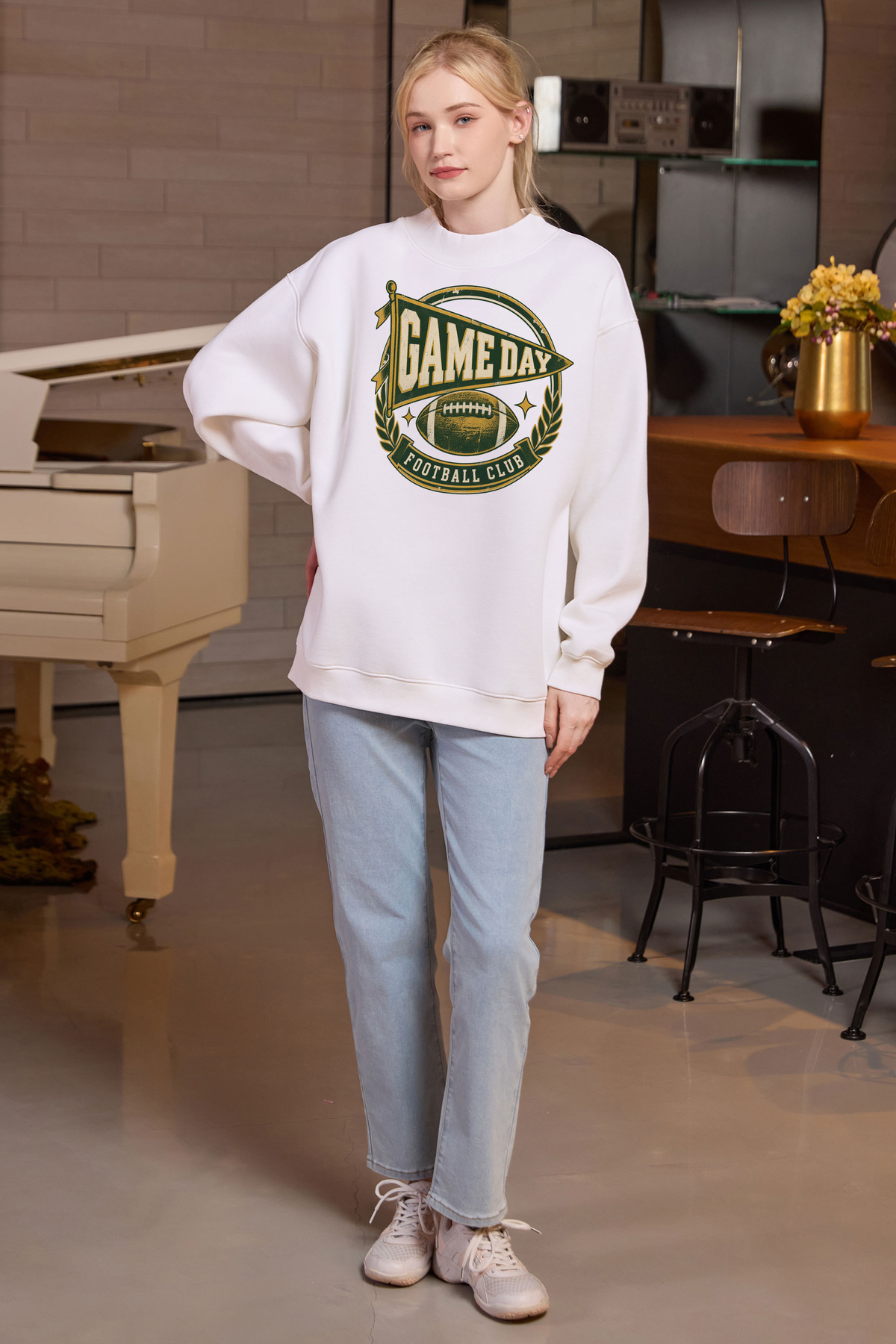 Game Day Football Club Mockneck Sweatshirt in white, front graphic on model, view 1