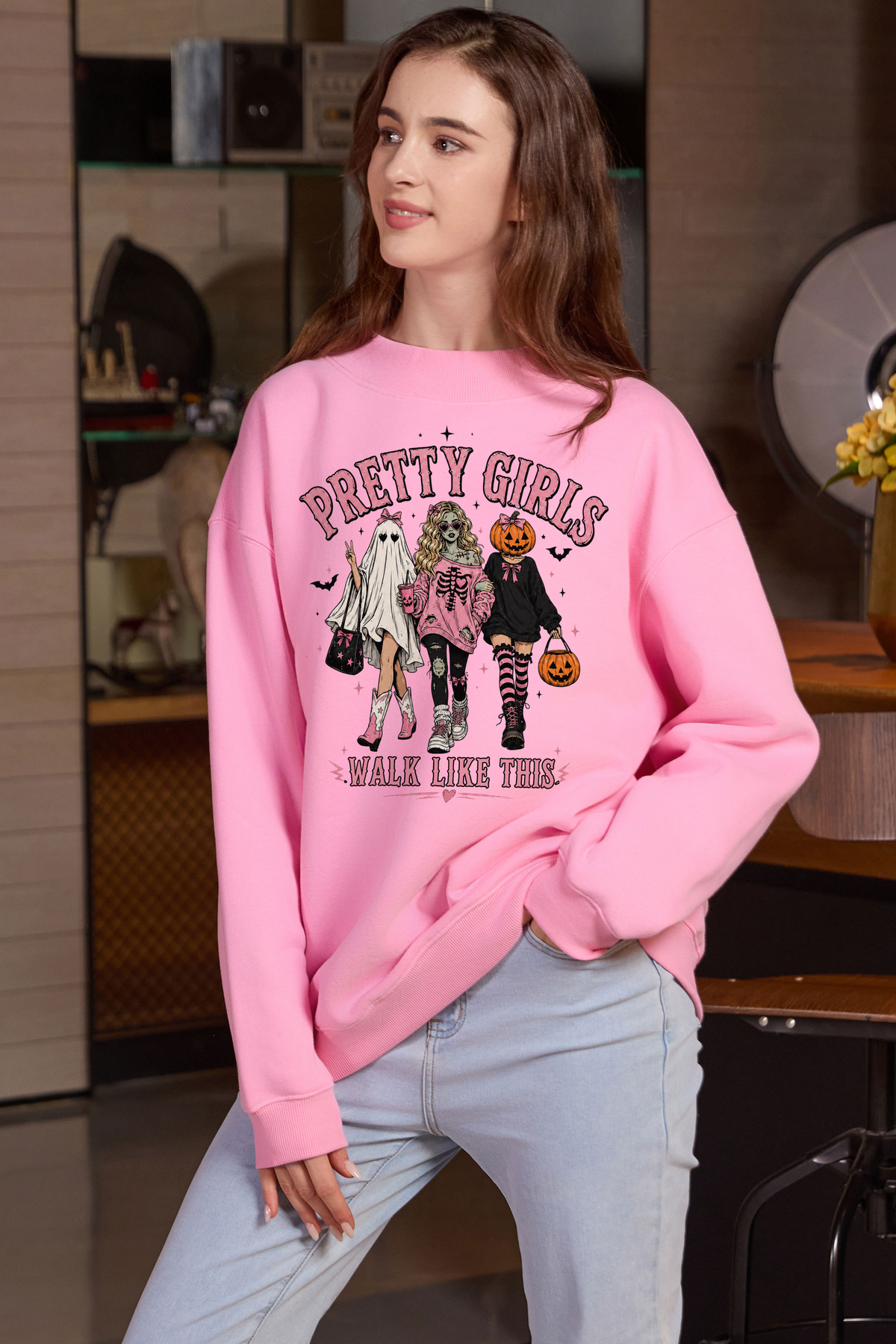 Moshita Pretty Girls Walk Like This mockneck sweatshirt in light pink — graphic front view 3