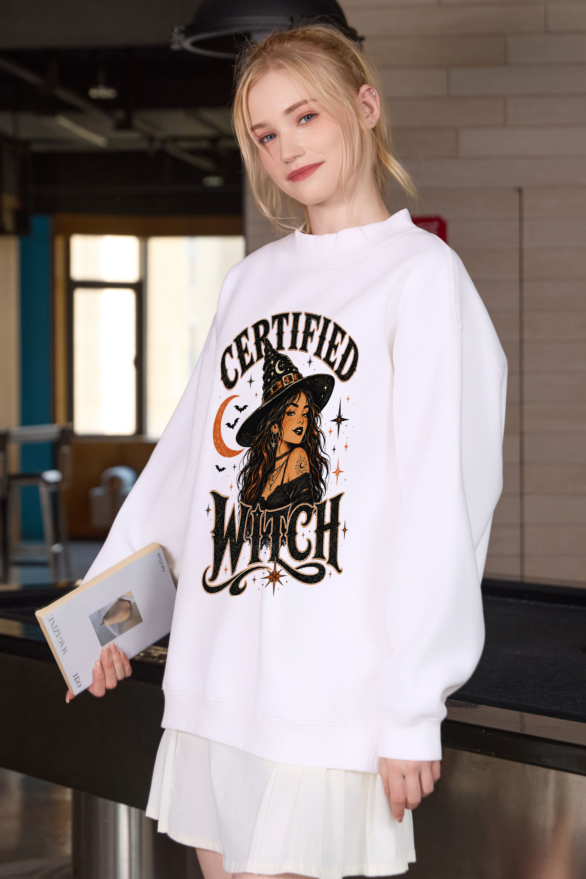 Moshita Certified Witch mockneck sweatshirt in white — graphic front view 1