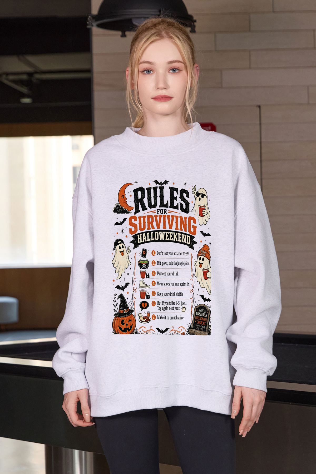 Moshita Rules for Surviving Halloweekend mockneck sweatshirt in heather grey — graphic front view 1