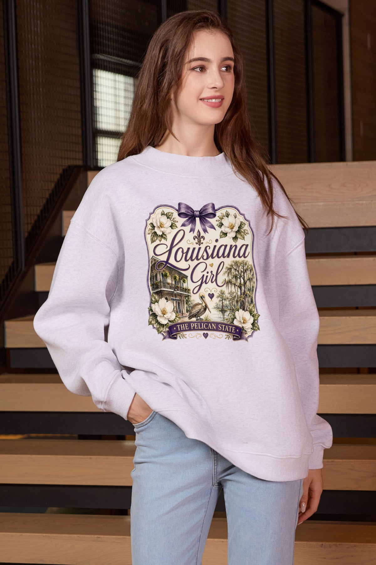 Louisiana Girl Illustrated Sweatshirt in heather grey — model view 2.