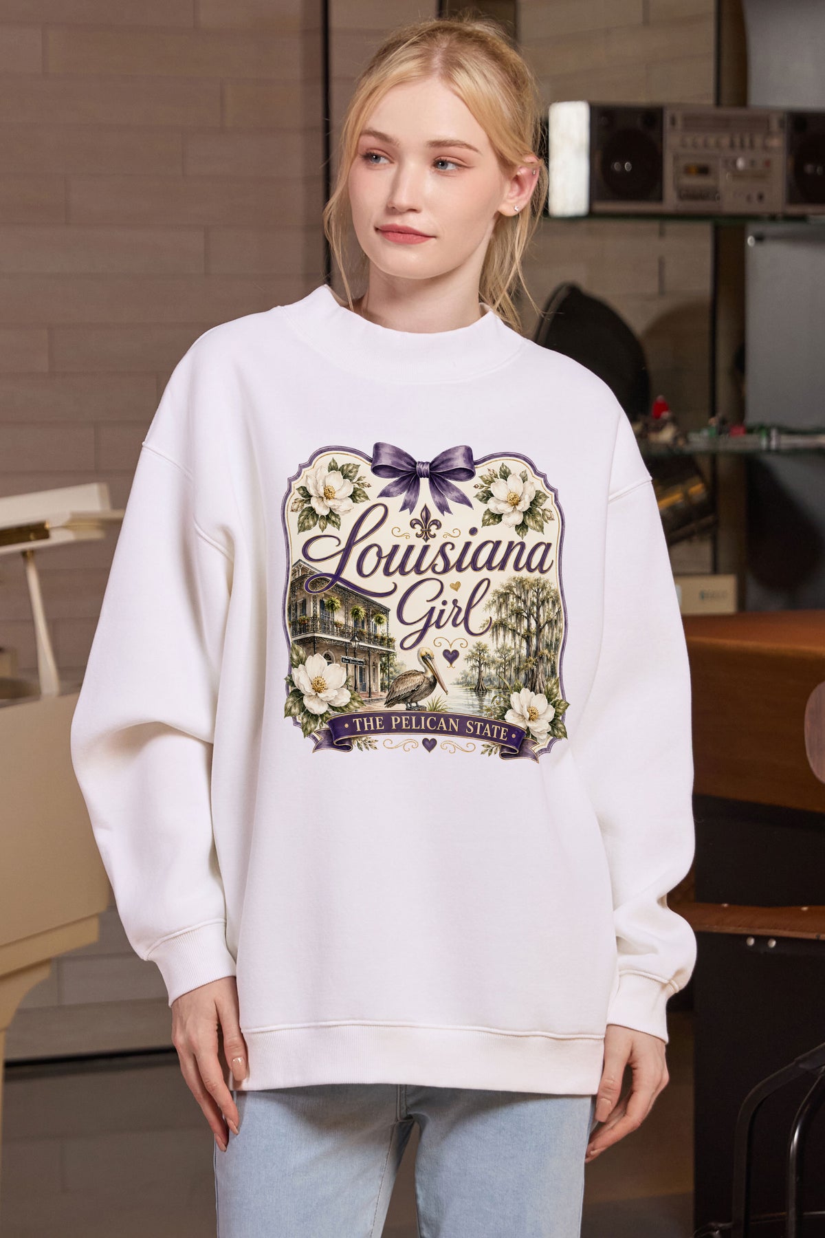 Louisiana Girl Illustrated Sweatshirt in white — model view 1.