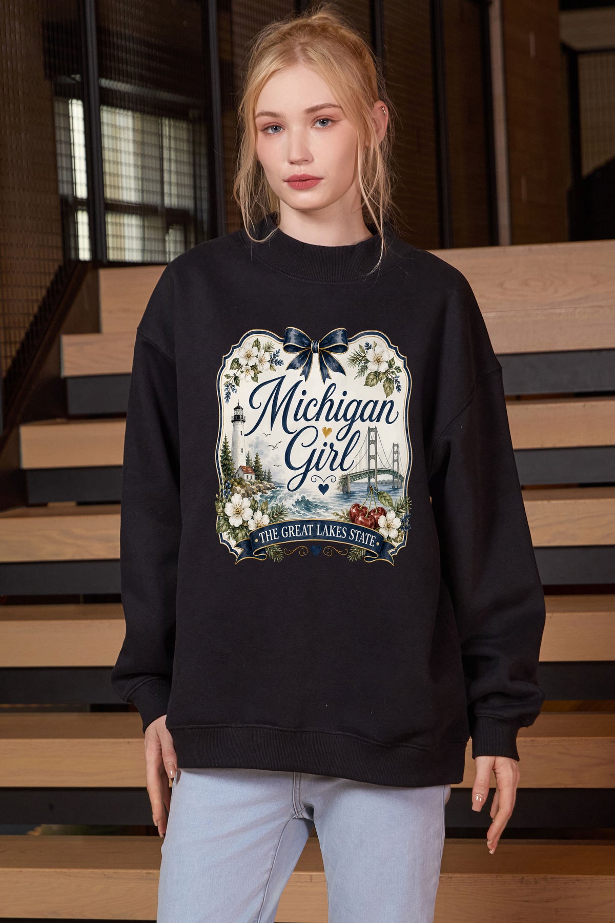 Michigan Girl Illustrated Sweatshirt in black — model view 3.