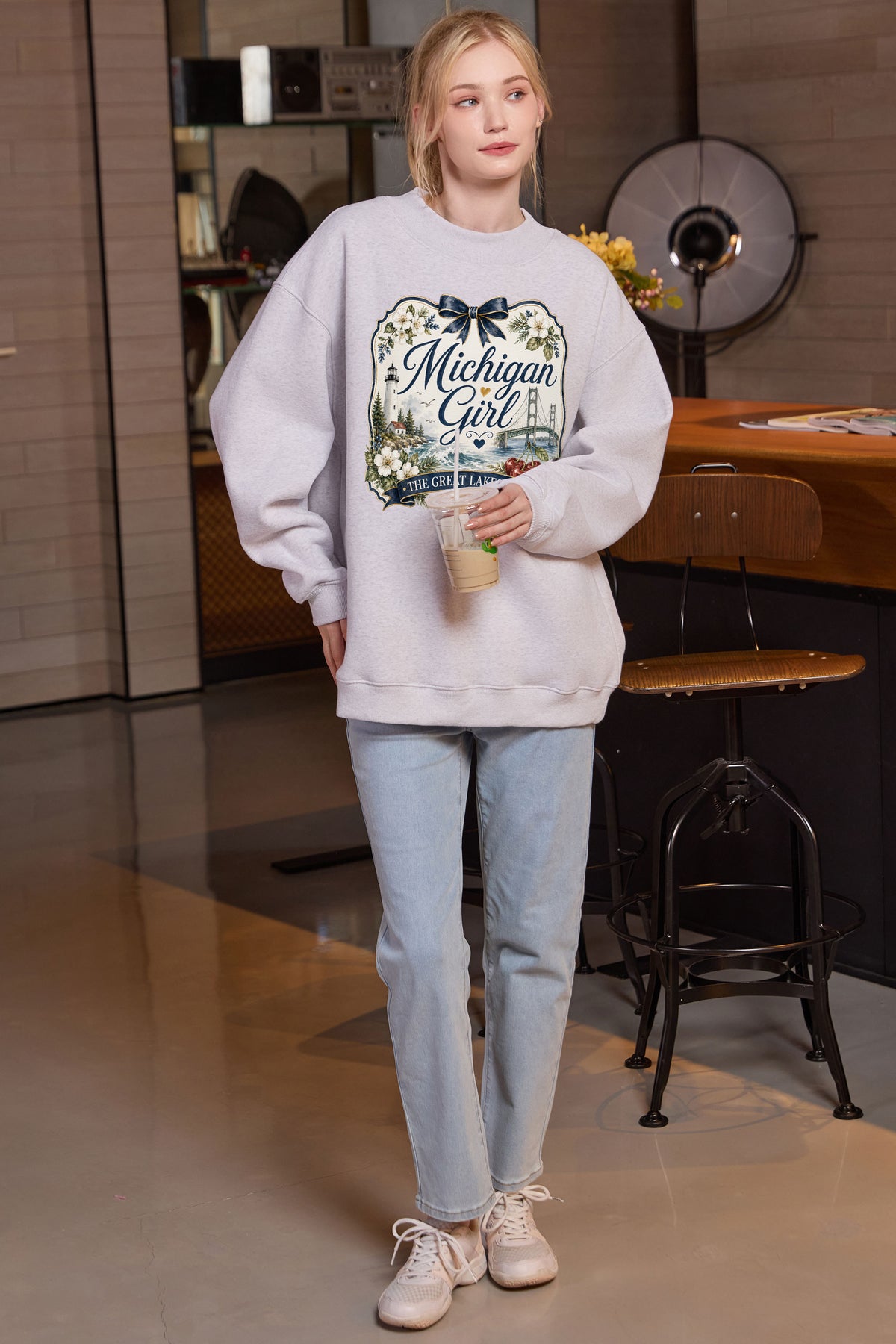 Michigan Girl Illustrated Sweatshirt in heather grey — model view 3.