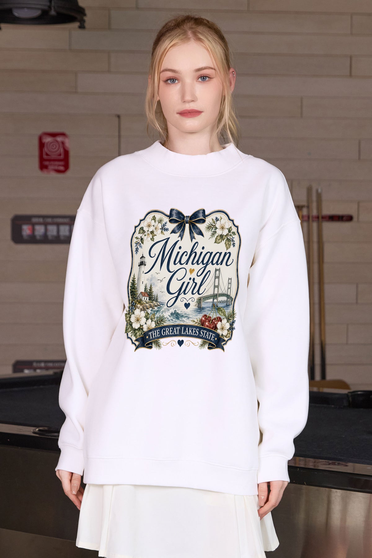 Michigan Girl Illustrated Sweatshirt in white — model view 1.