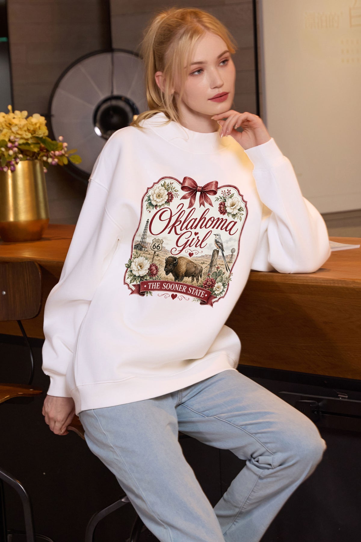 Oklahoma Girl Illustrated Sweatshirt in white — model view 3.