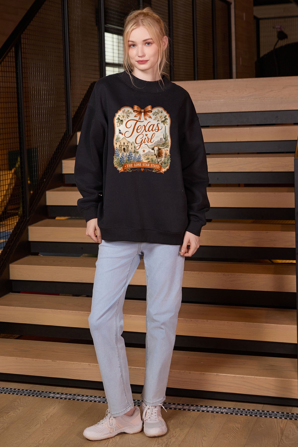 Texas Girl Illustrated Sweatshirt in black — model view 2.
