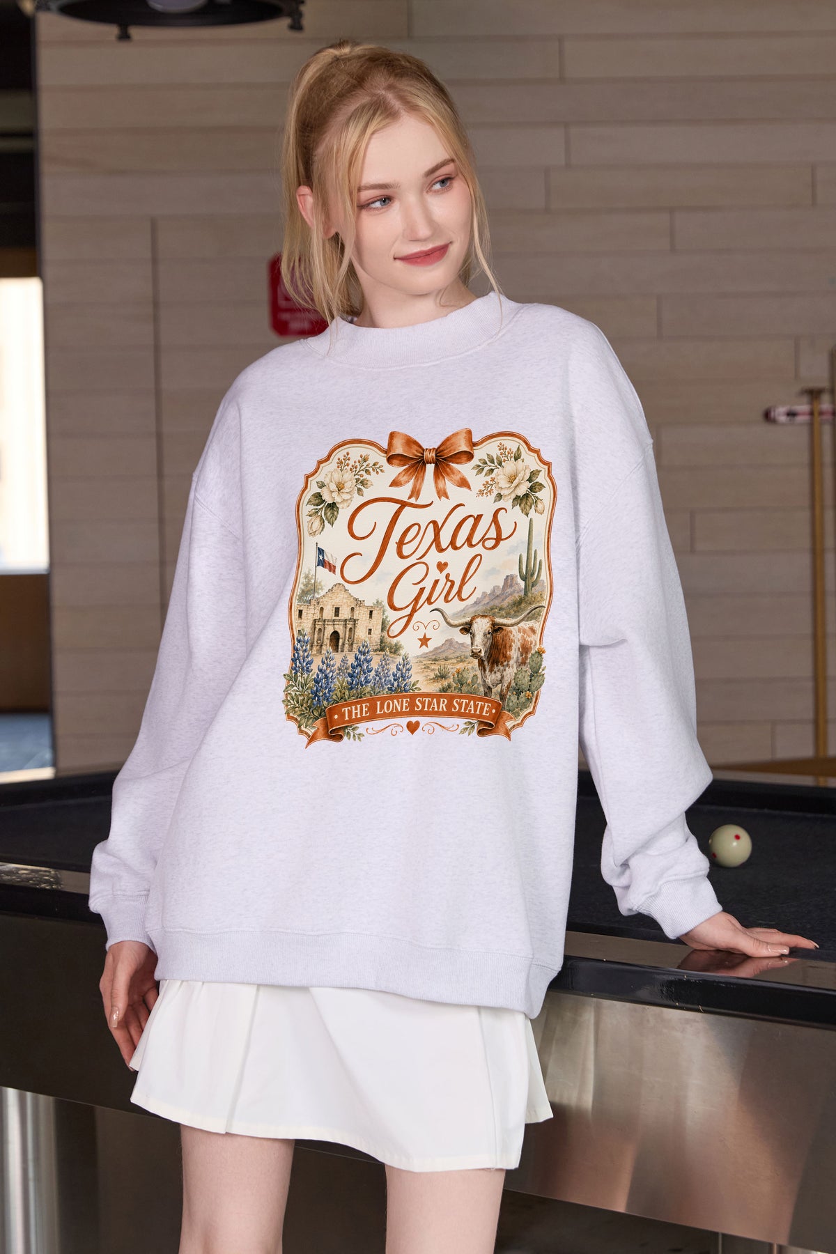 Texas Girl Illustrated Sweatshirt in heather grey — model view 2.
