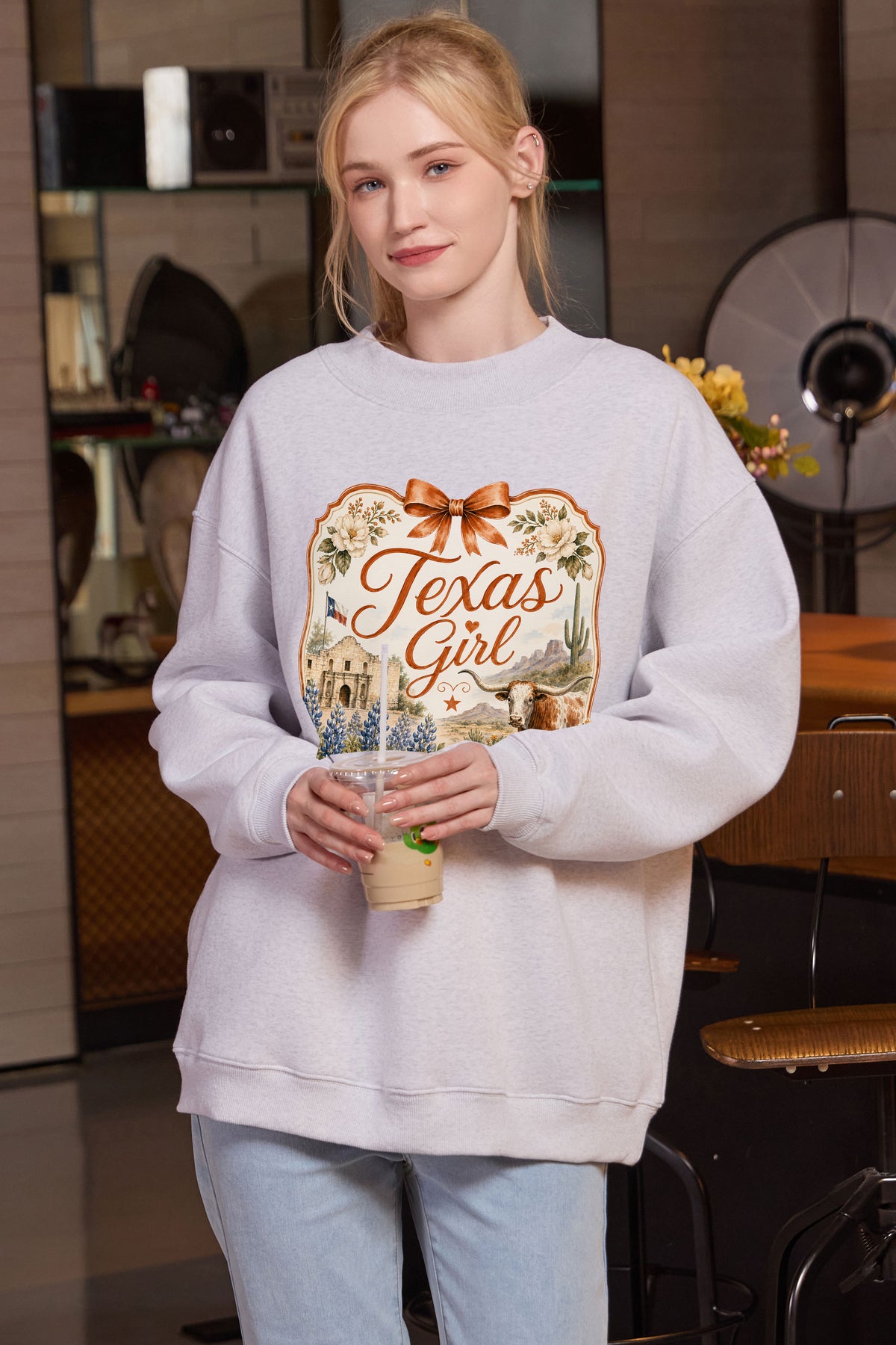 Texas Girl Illustrated Sweatshirt in heather grey — model view 3.