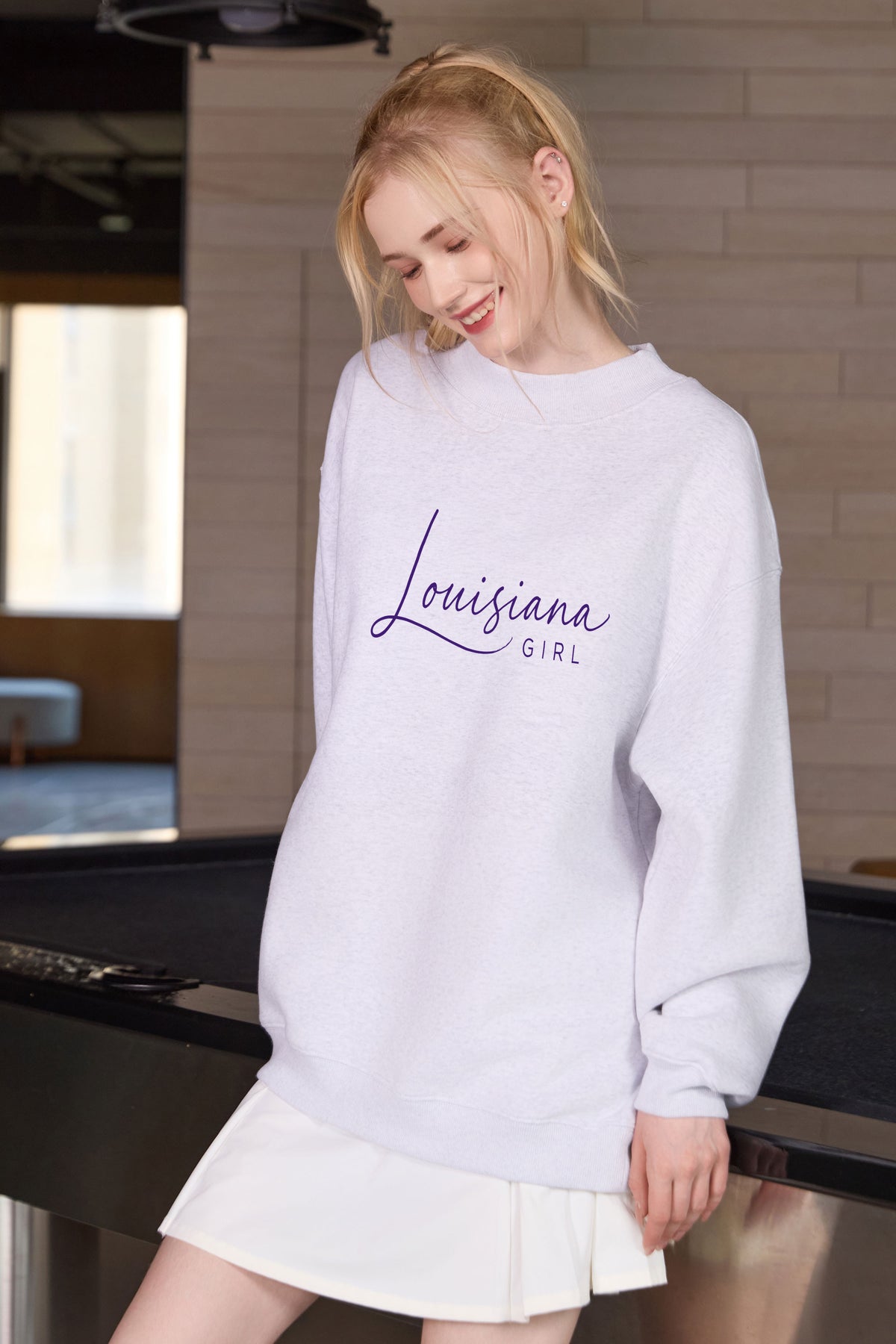 Louisiana Girl Lettering Sweatshirt in heather grey — model view 3.