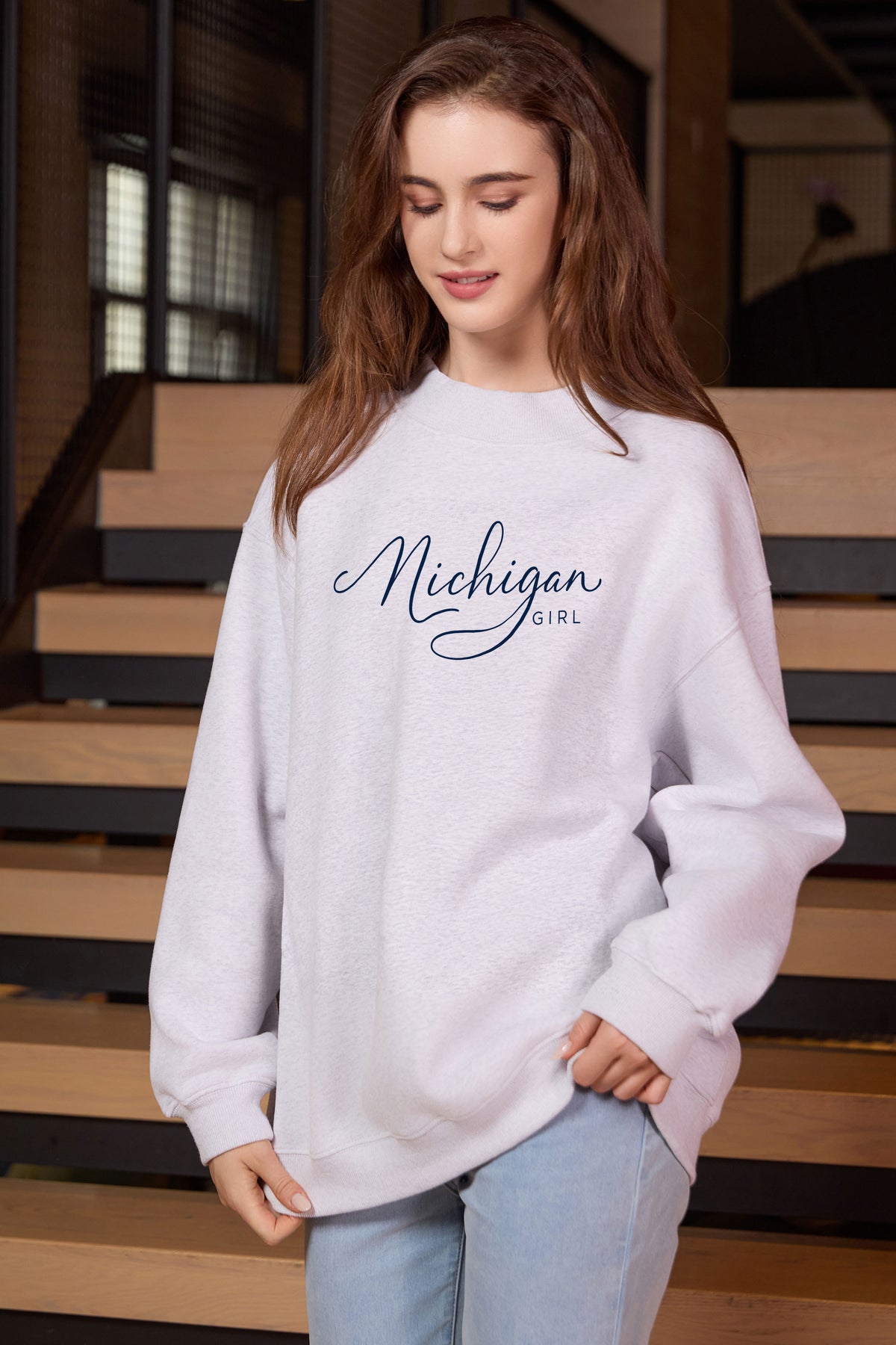 Michigan Girl Lettering Sweatshirt in heather grey — model view 3.