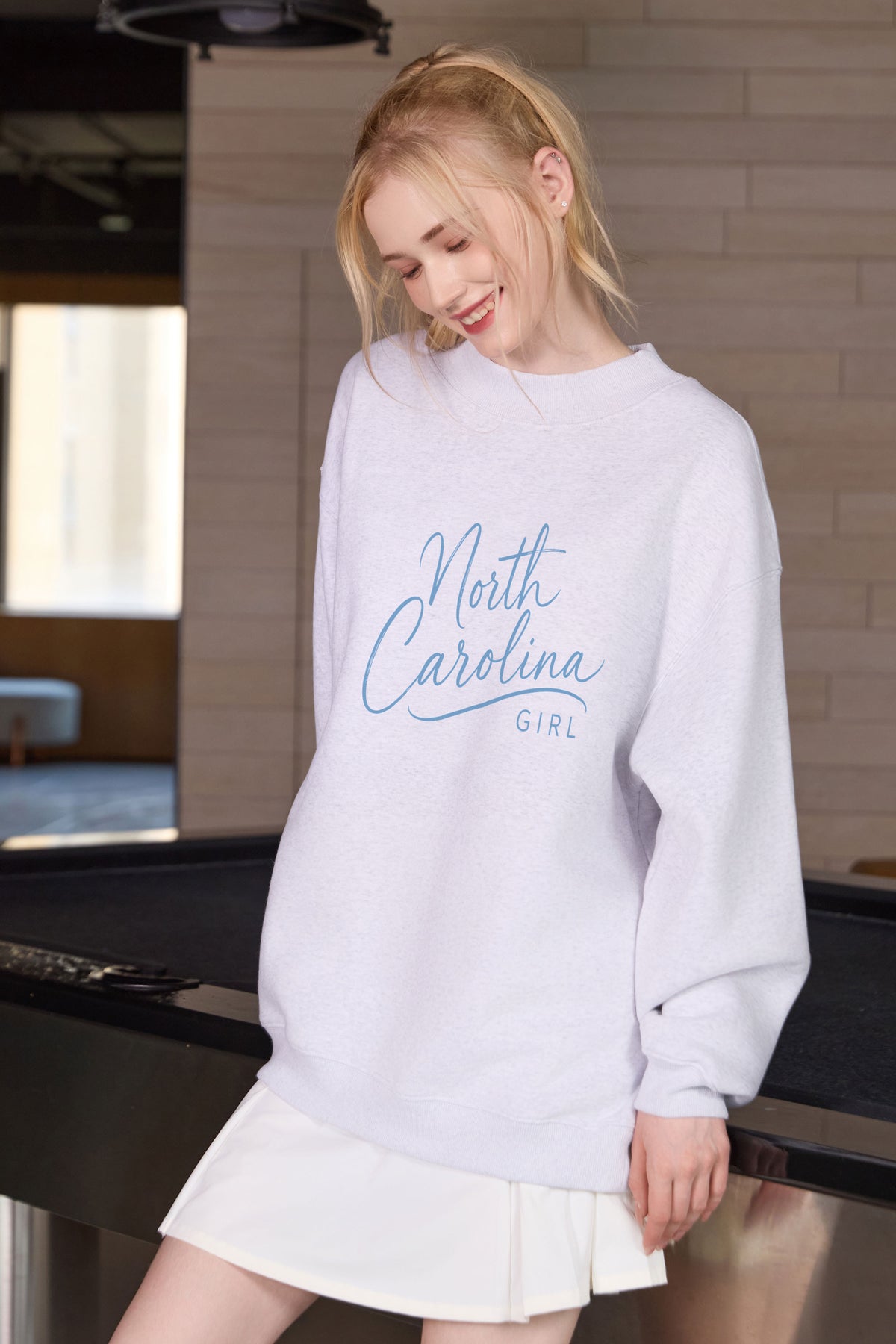 North Carolina Girl Lettering Sweatshirt in heather grey — model view 1.